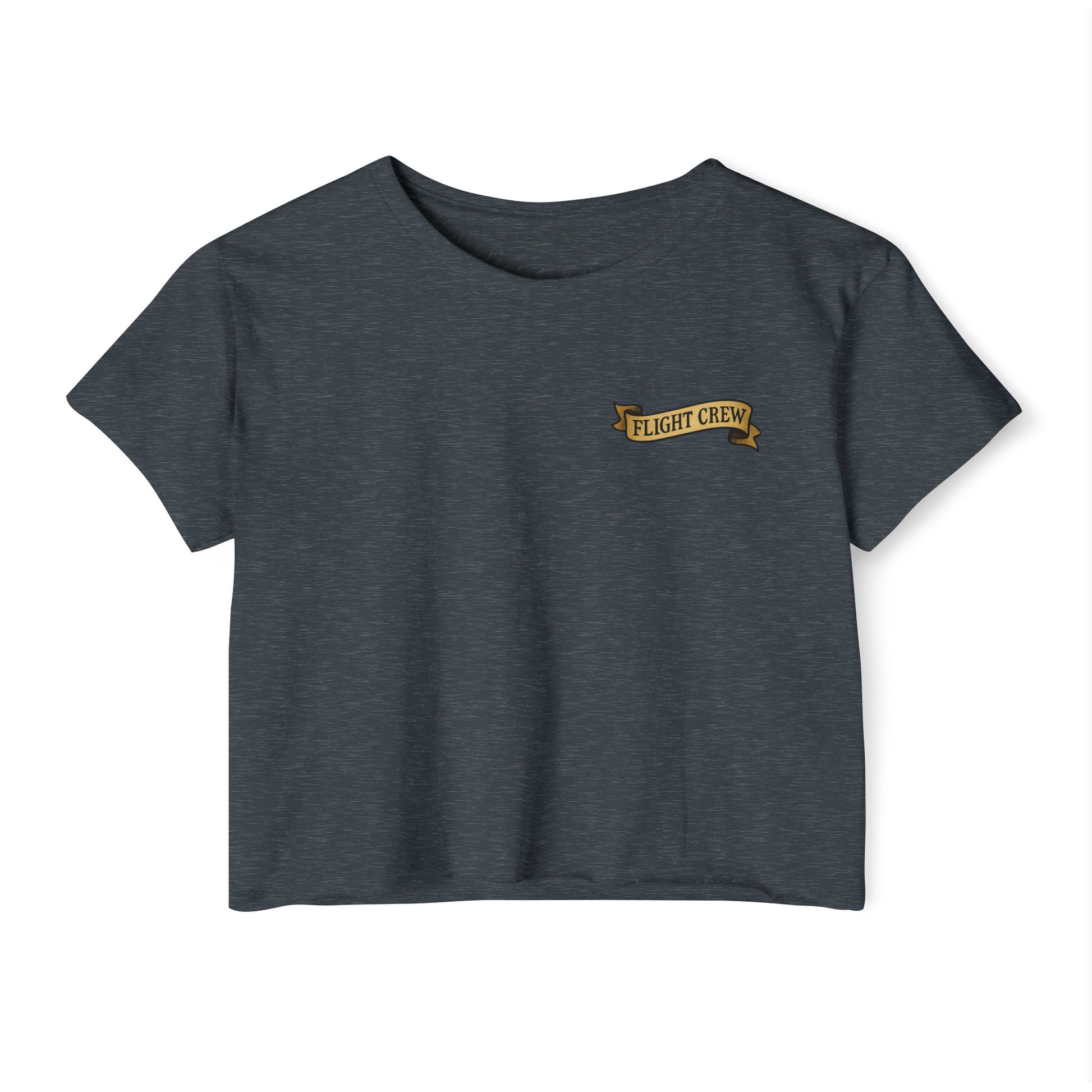 Dark blue crop top with 'FLIGHT CREW' text on a white background
