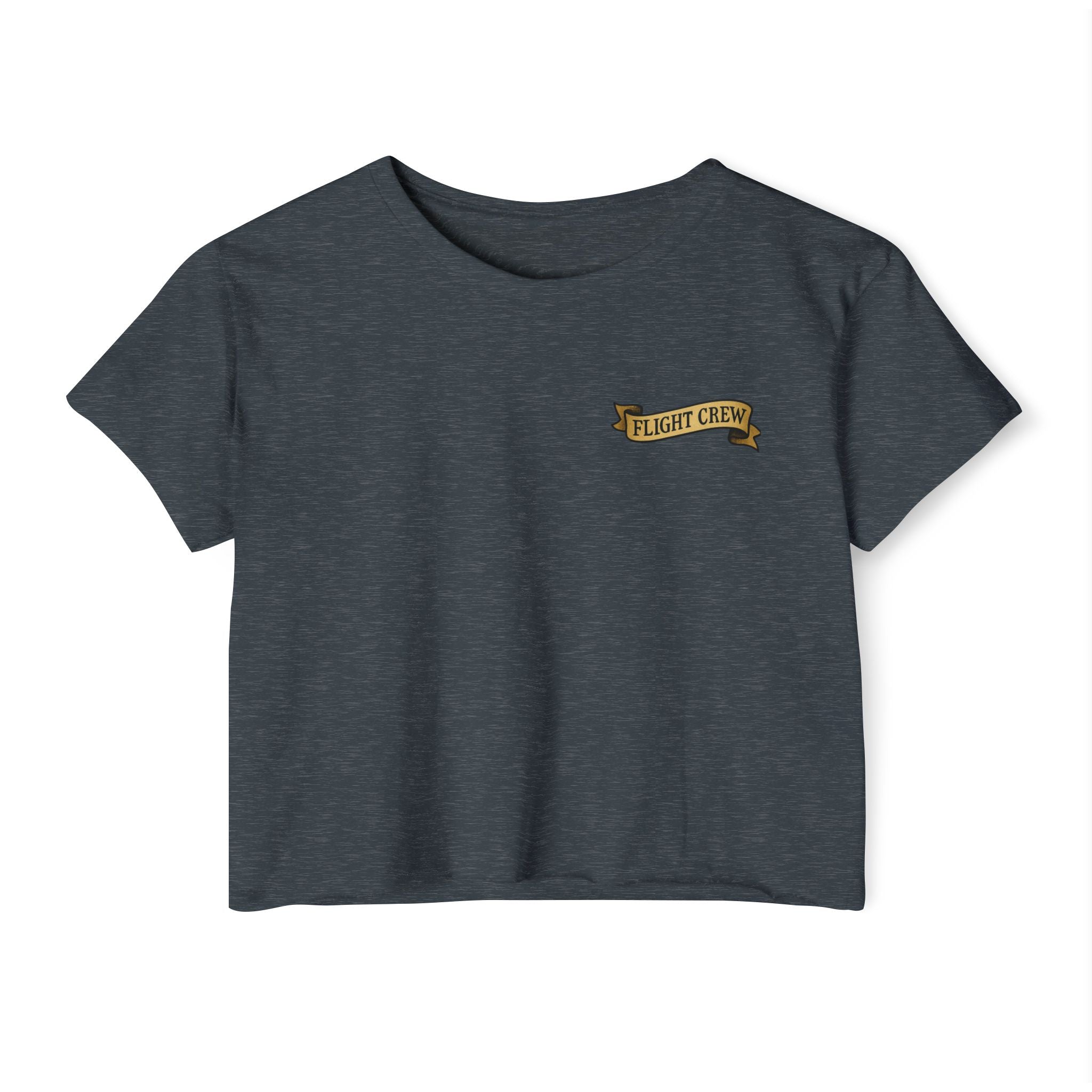 Dark blue crop top with 'FLIGHT CREW' text on a white background