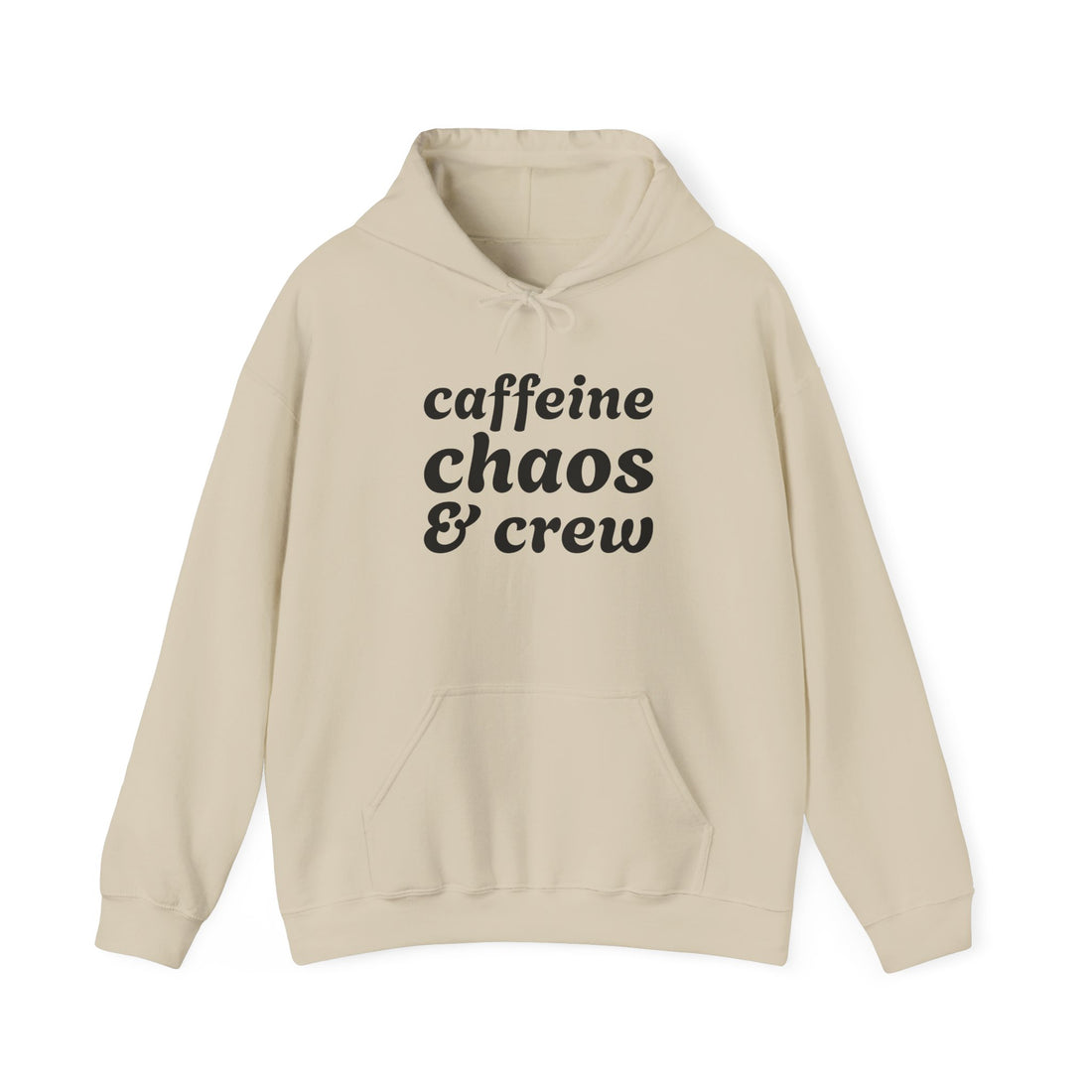 Beige hoodie with 'caffeine chaos & crew' text on a white background