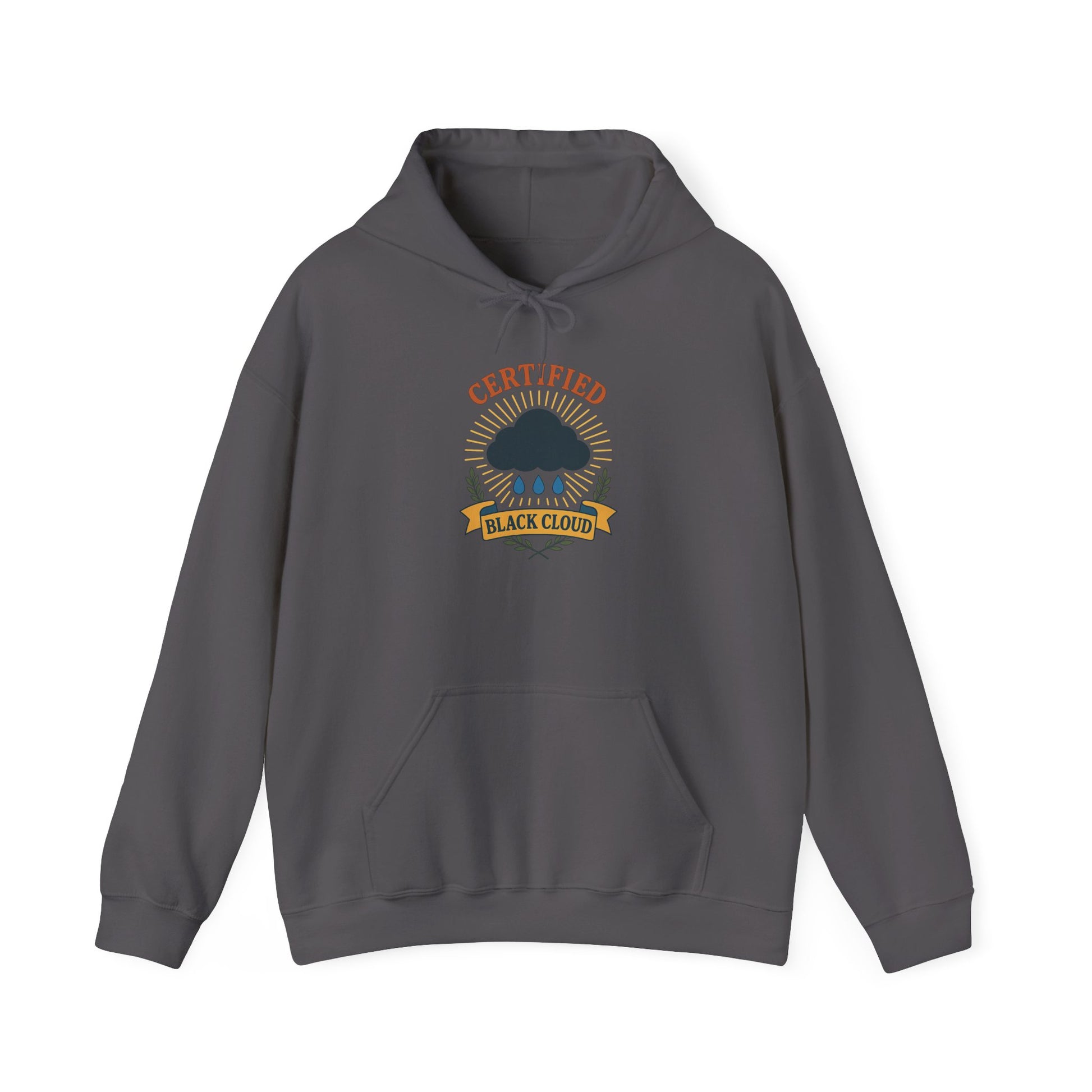 Gray hoodie with 'Certified Black Cloud' graphic on a white background