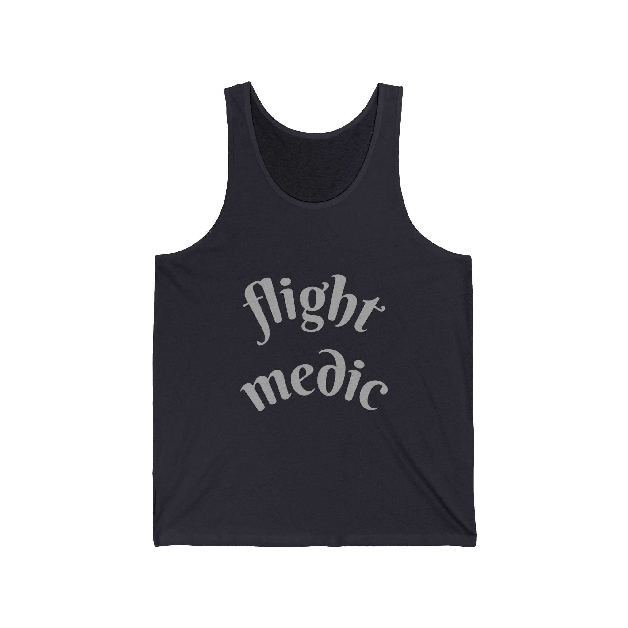 Dark gray tank top with 'flight medic' text on a white background