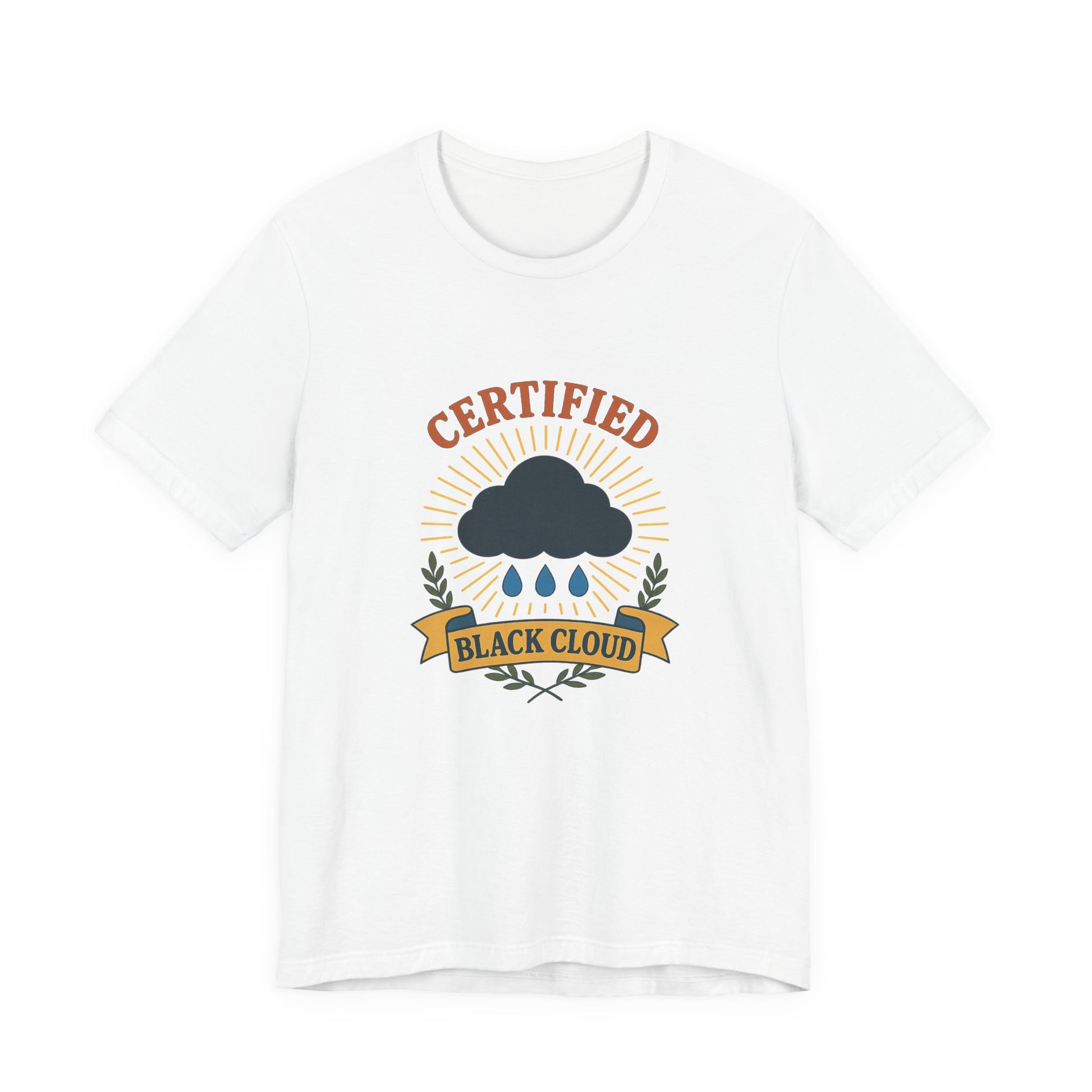 White t-shirt with a graphic design featuring a cloud and text "certified black cloud" on a white background