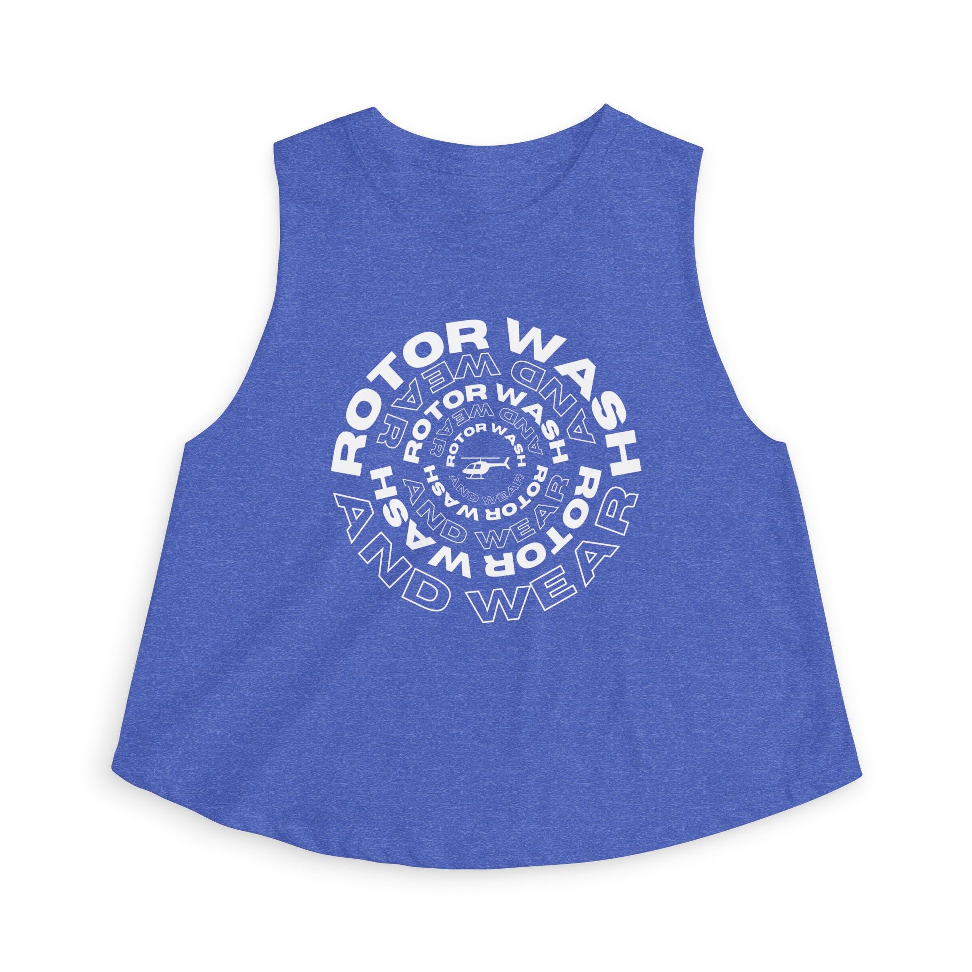 Blue tank top with 'Rotor Wash & Wear' circle logo design on a white background