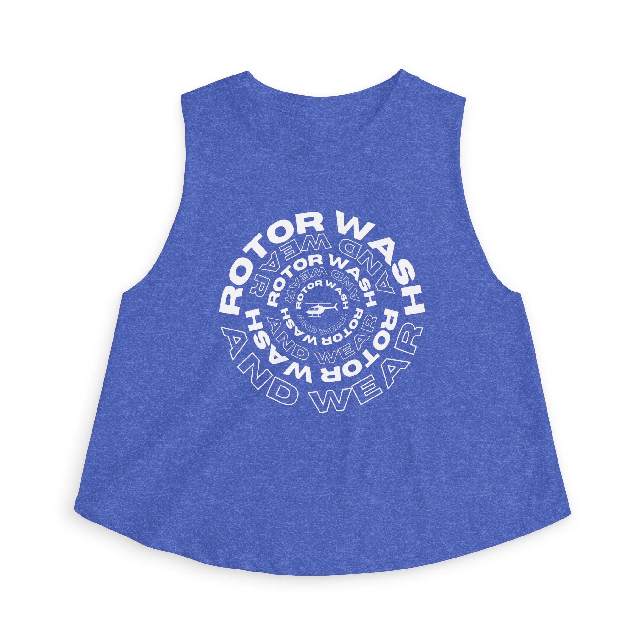 Blue tank top with 'Rotor Wash & Wear' circle logo design on a white background