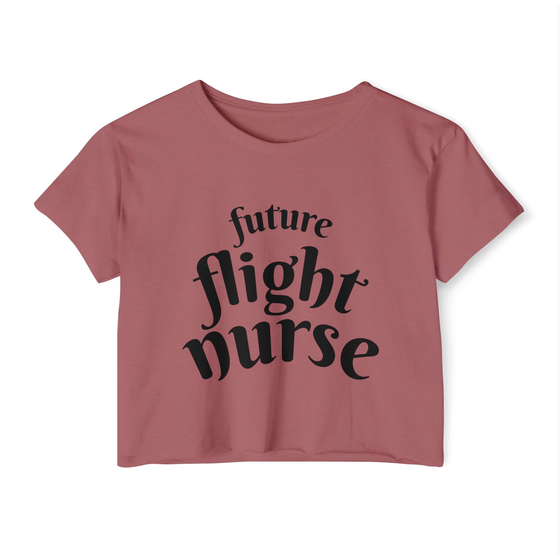Pink t-shirt with 'future flight nurse' text on a white background