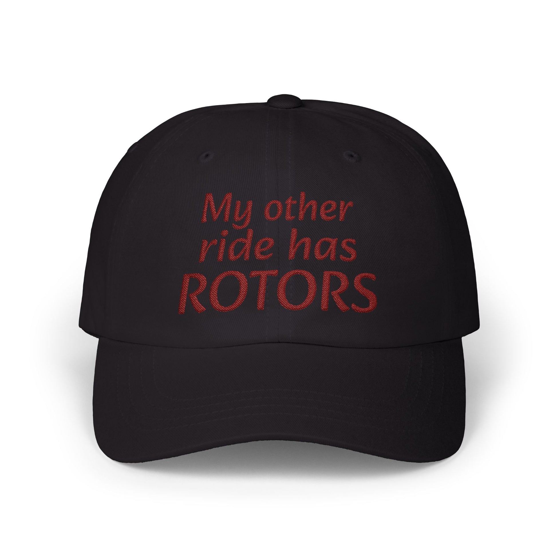 Black cap with red text 'My other ride has ROTORS' on a white background