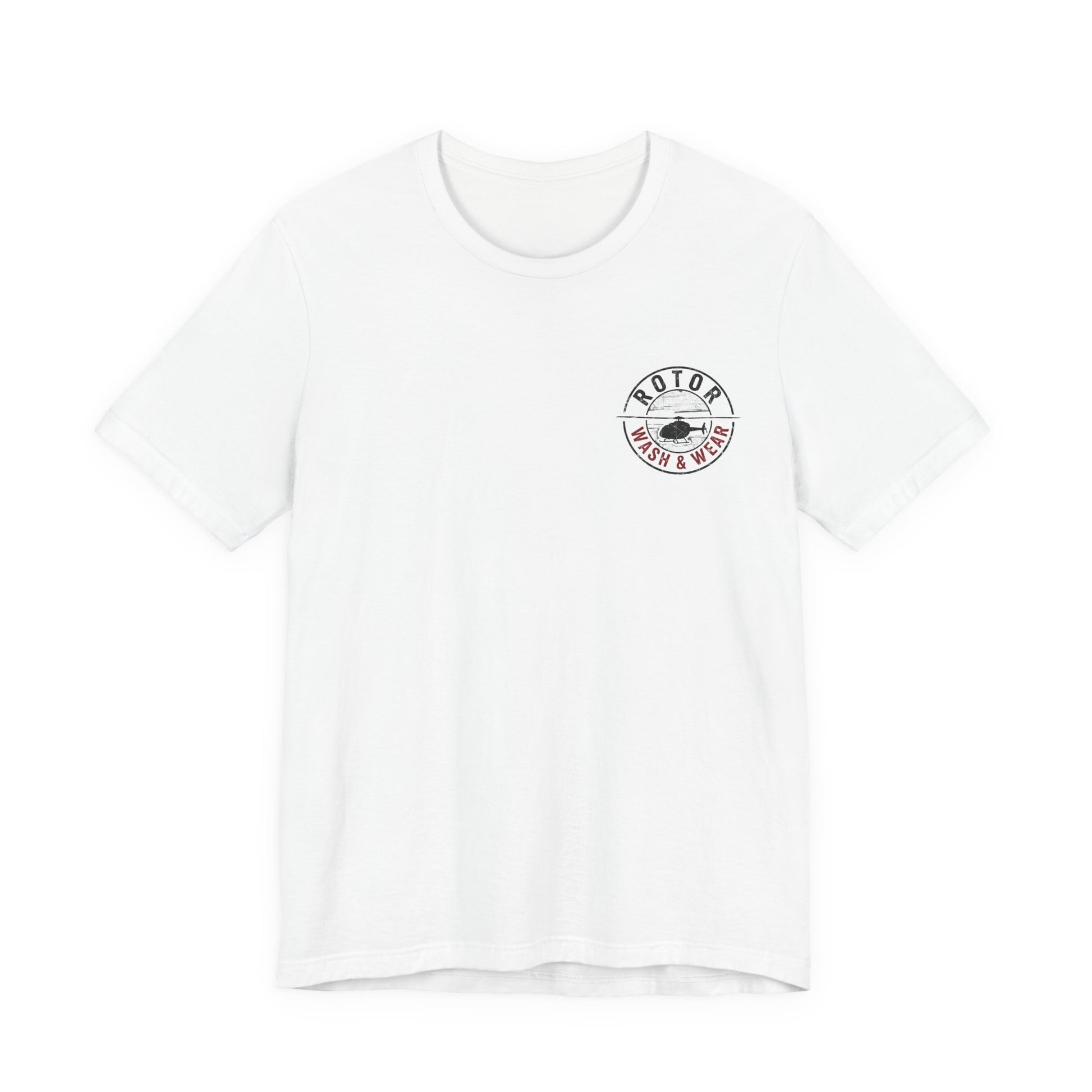 White t-shirt with a white logo "Rotor Wash & Wear" on a white background