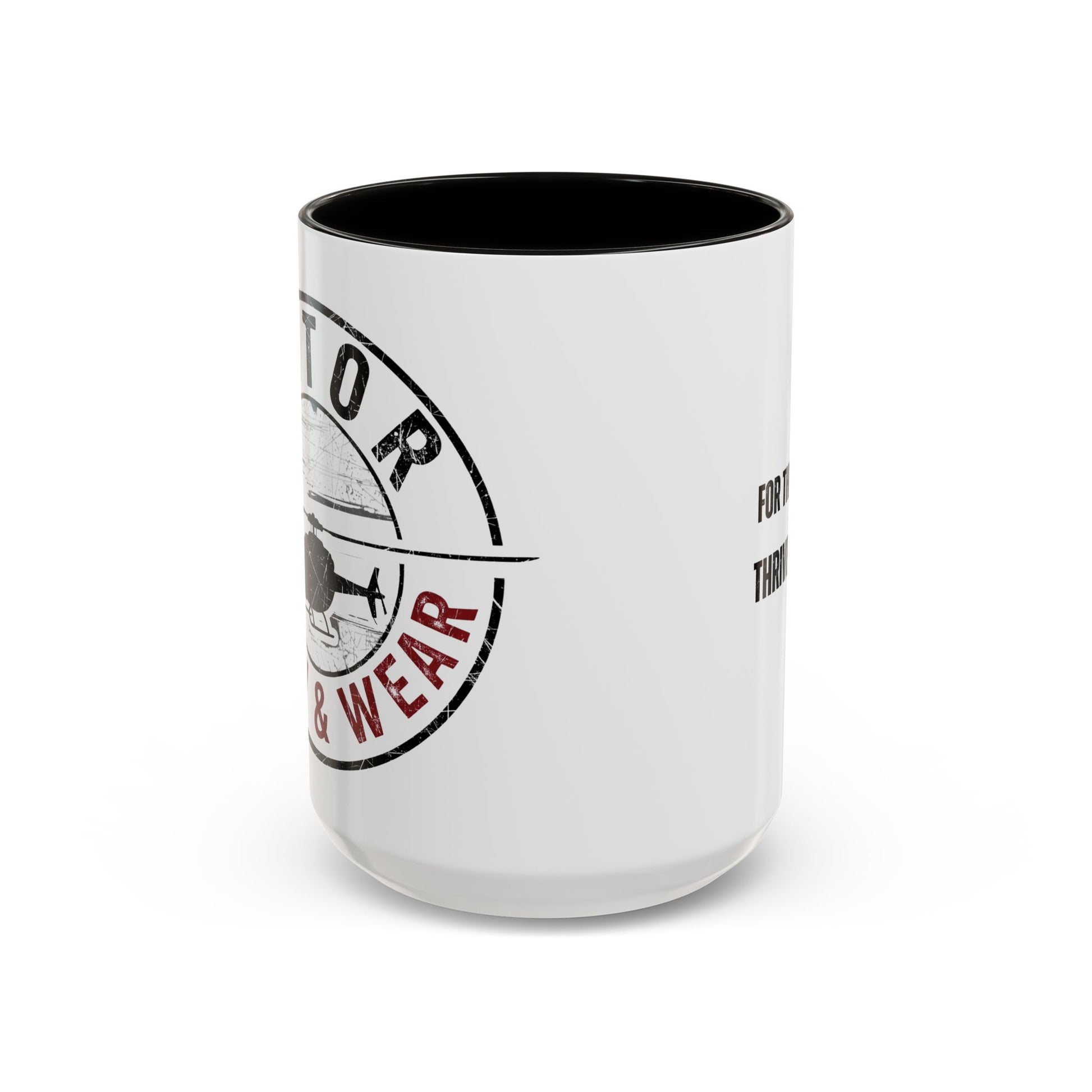 White mug with black interior and handle, featuring a helicopter graphic and text 'Rotor Wash & Wear' on a white background.