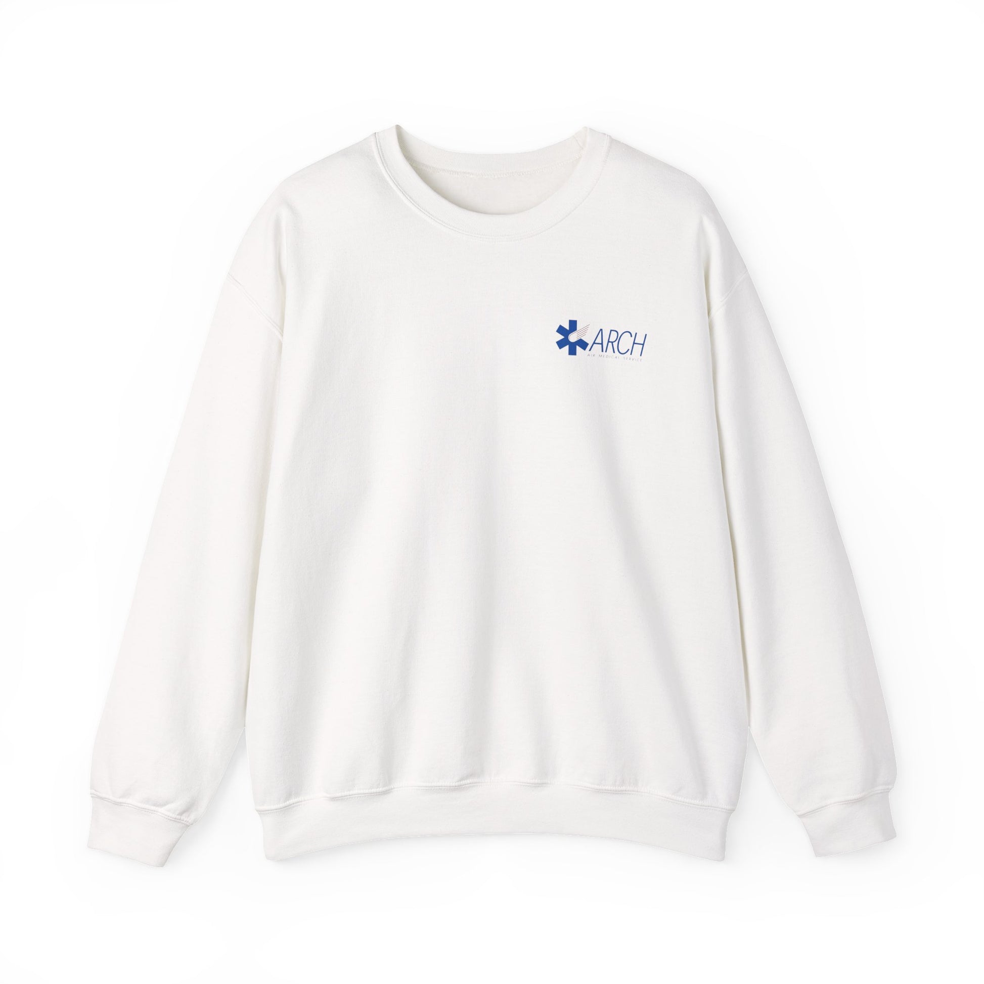 White crewneck sweatshirt with a small ARCH by Air Methods logo on the left chest by Rotor Wash & Wear
