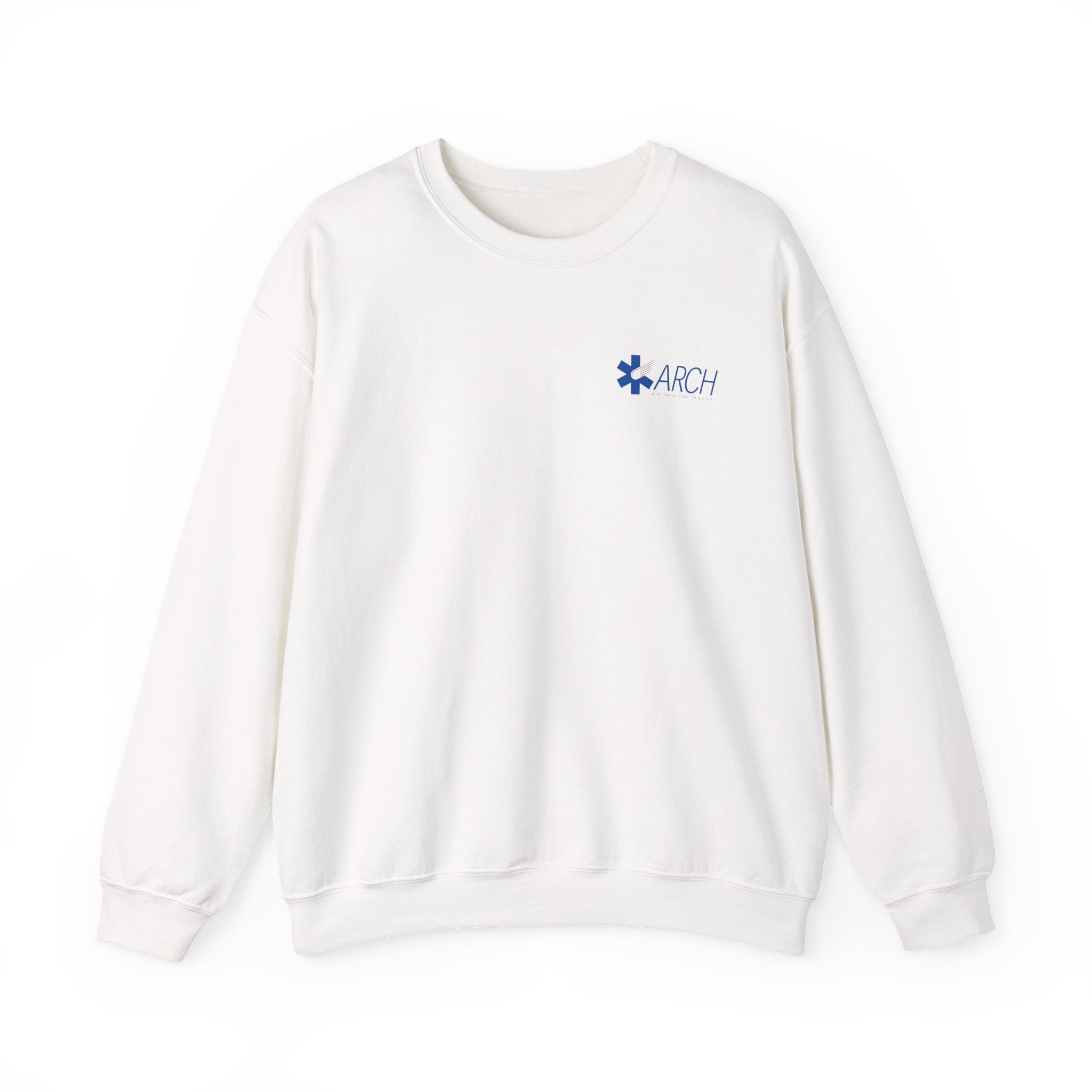 White crewneck sweatshirt with a small ARCH by Air Methods logo on the left chest by Rotor Wash & Wear