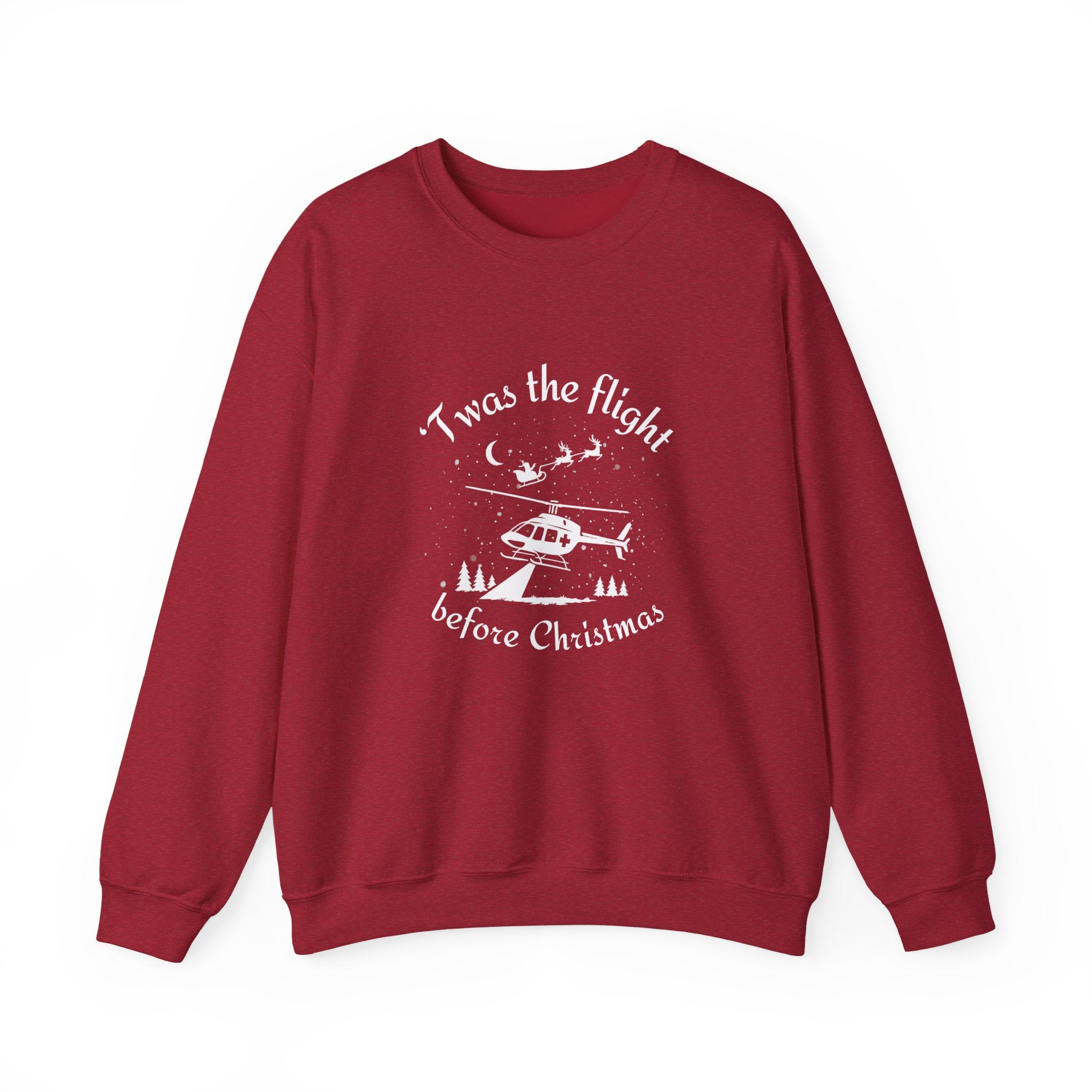 Red weatshirt with helicopter graphic and Santa and his sleigh in the background with text "'Twas the flight before Christmas" by Rotor Wash & Wear