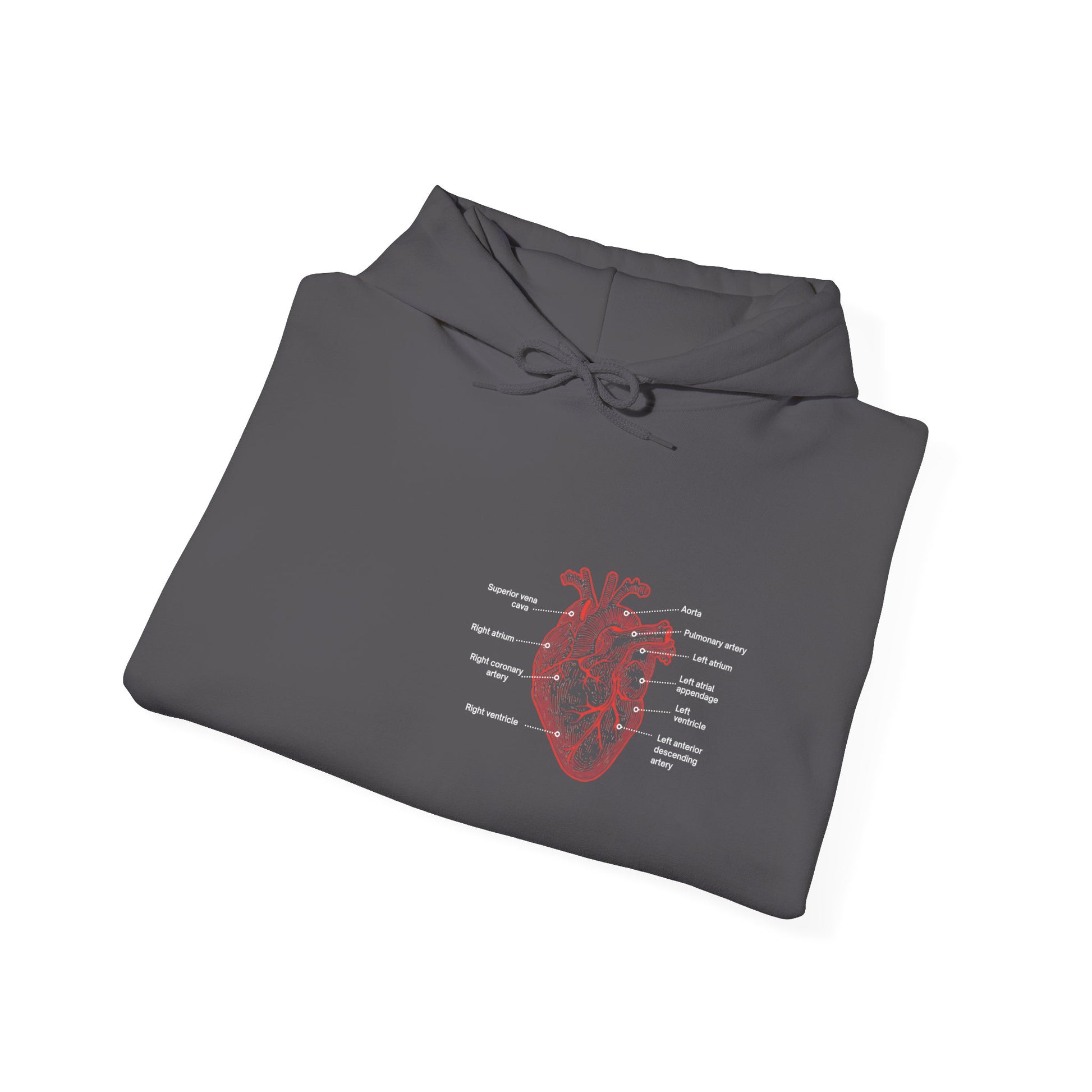 Folded gray hoodie with a red anatomical with heart with labels by Rotor Wash & Wear and EMS Avenger