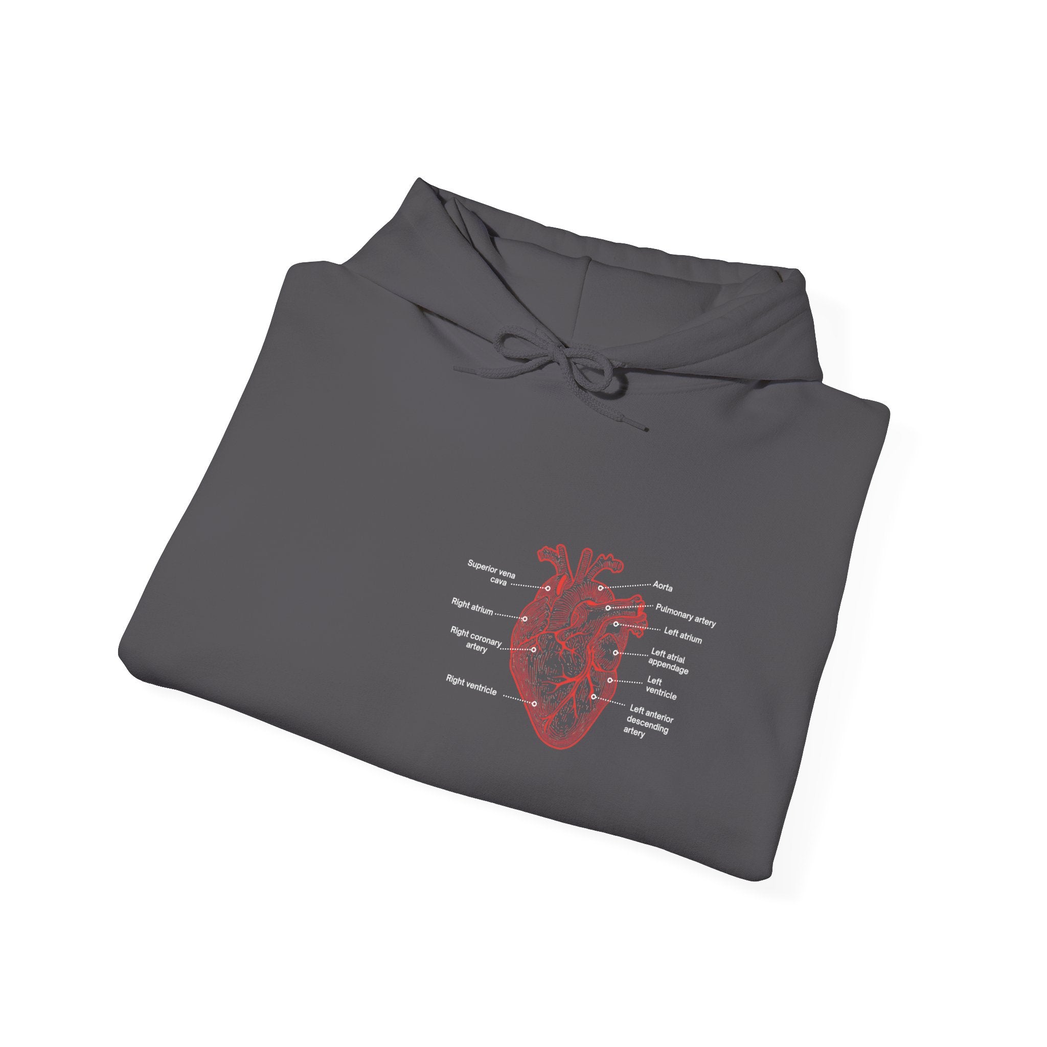 Folded gray hoodie with a red anatomical with heart with labels by Rotor Wash & Wear and EMS Avenger