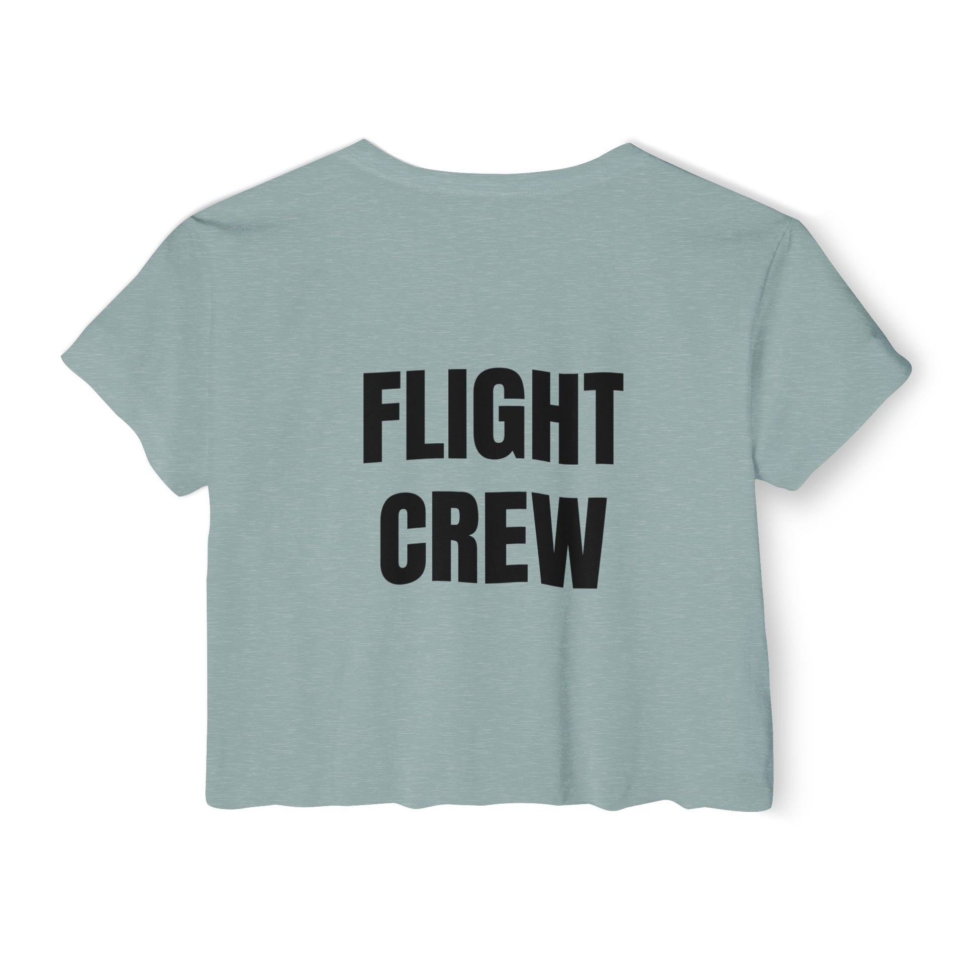 Light green crop top with 'FLIGHT CREW' text on the back against a white background