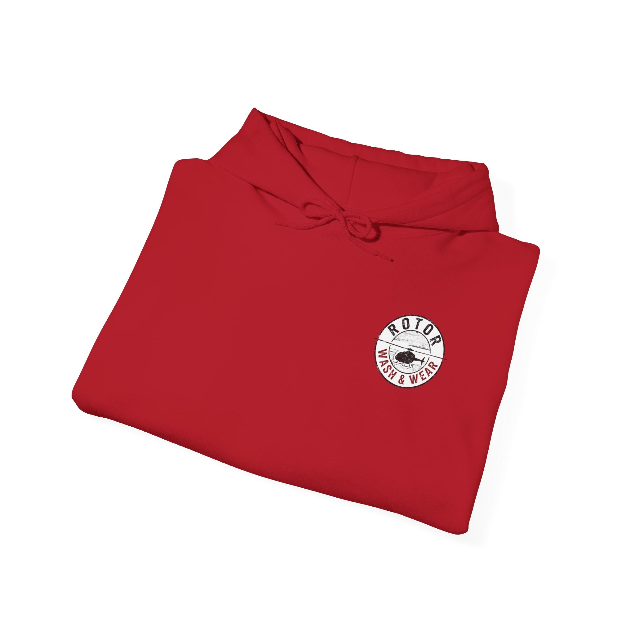 Folded red hoodie with a Rotor Wash & Wear logo on a white background