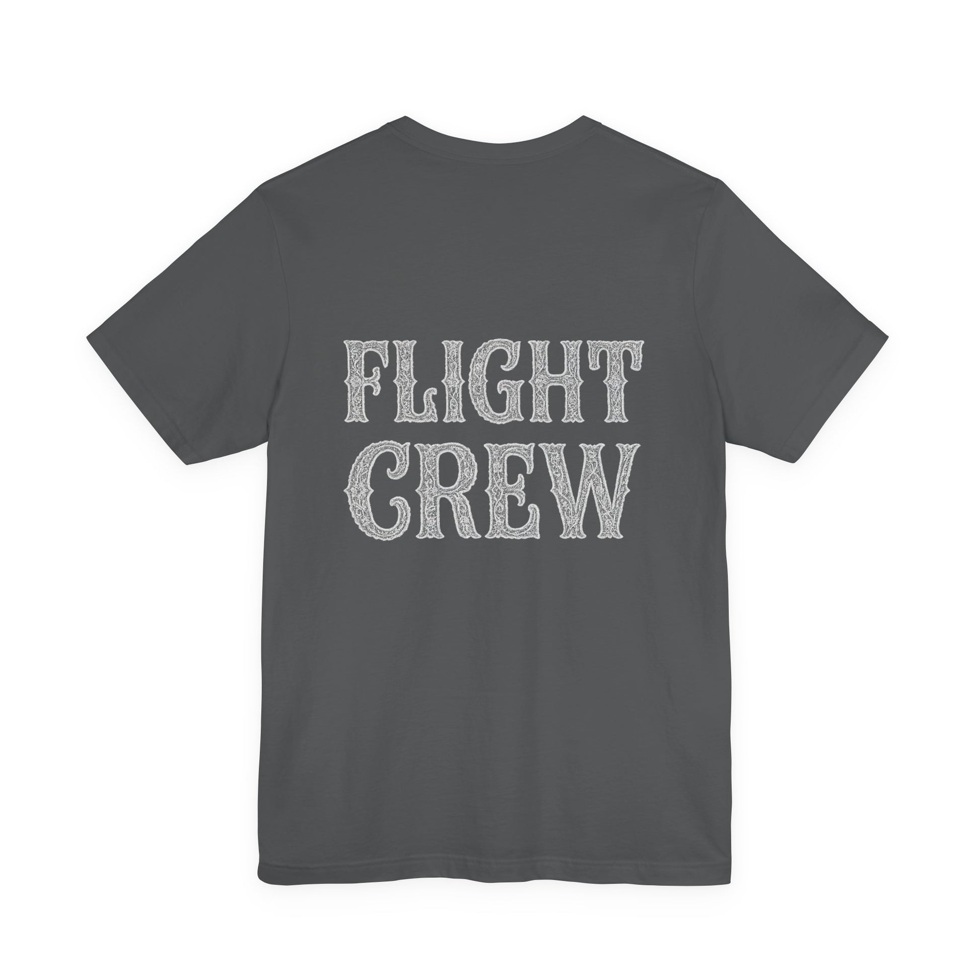 Gray t-shirt with lacy 'FLIGHT CREW' text on the back against a white background