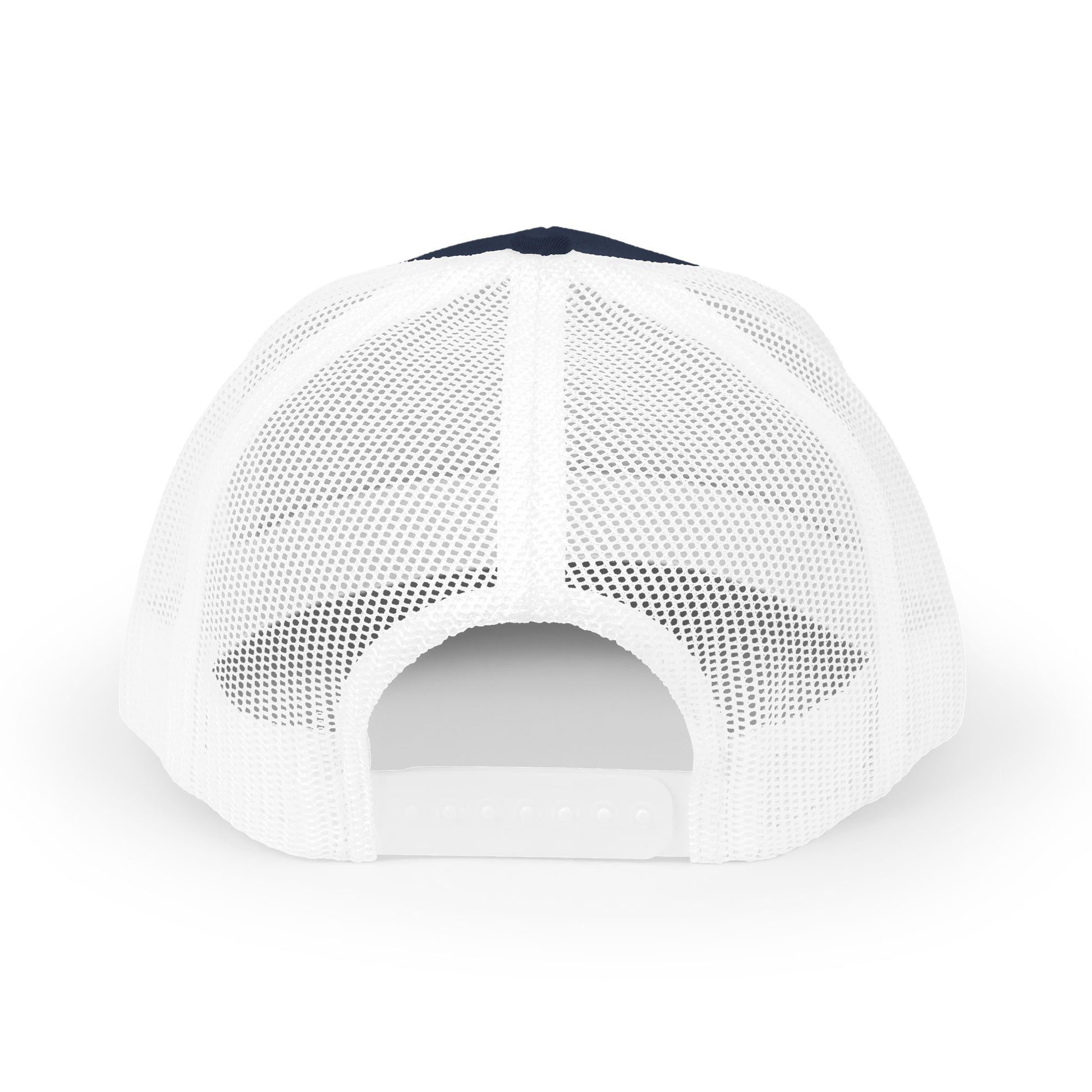 White mesh cap with black brim on a white background