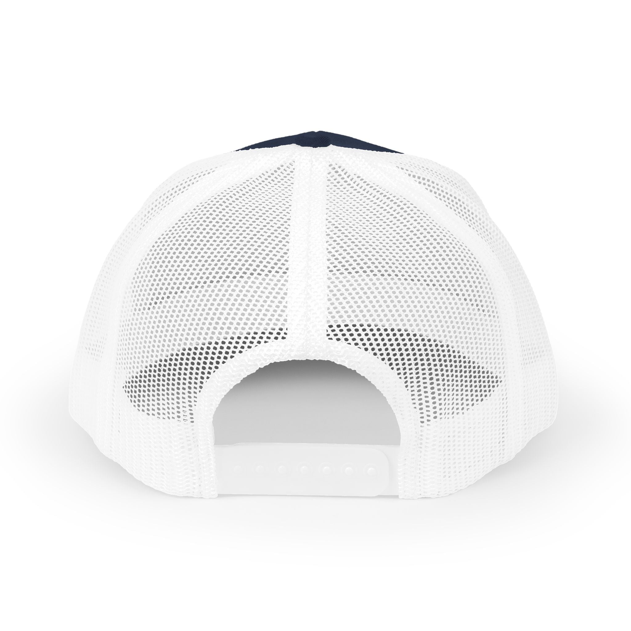 White mesh cap with black brim on a white background