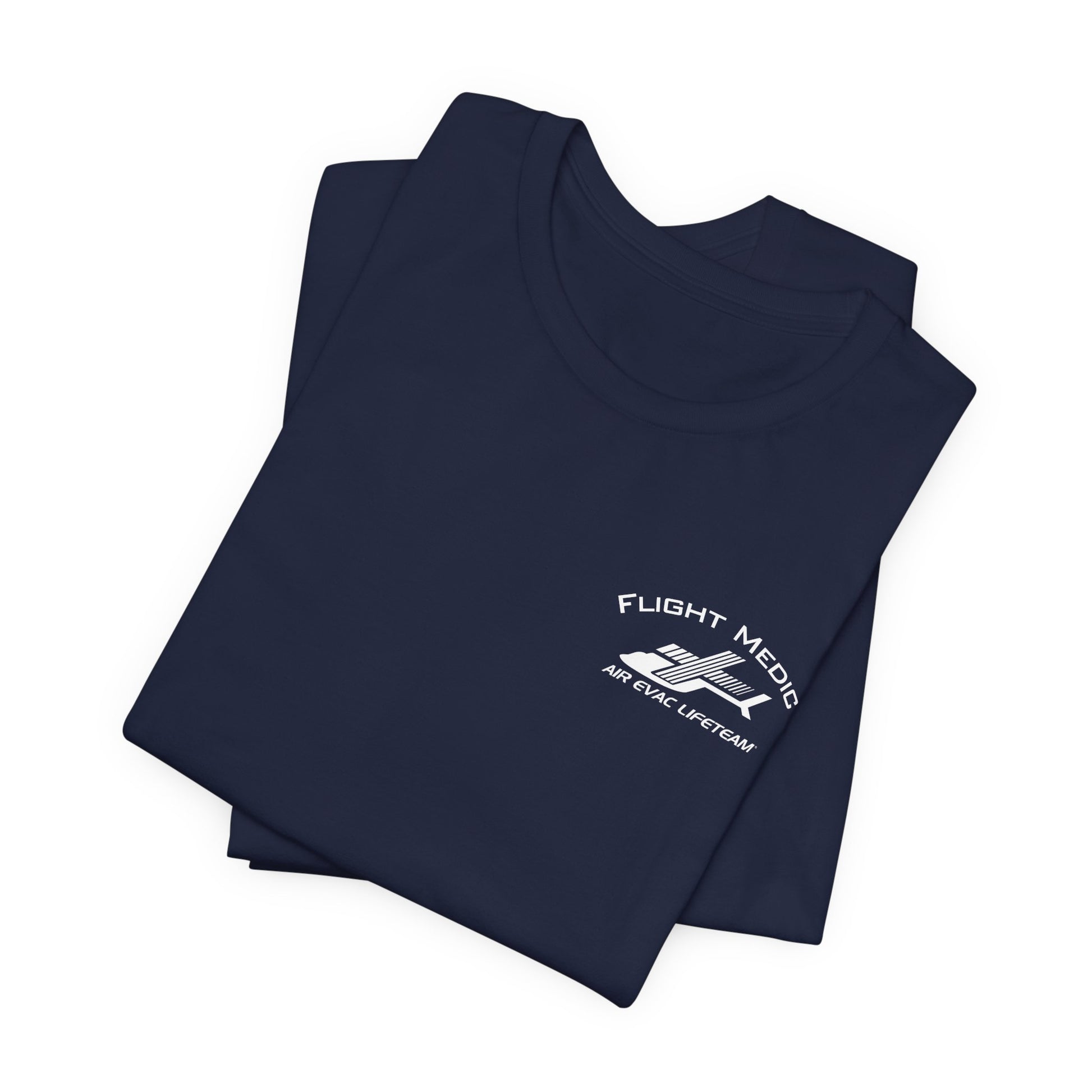 Folded navy blue t-shirt with small 'Flight Medic" text and Air Evac Lifeteam' logo on the left chest by Rotor Wash & Wear