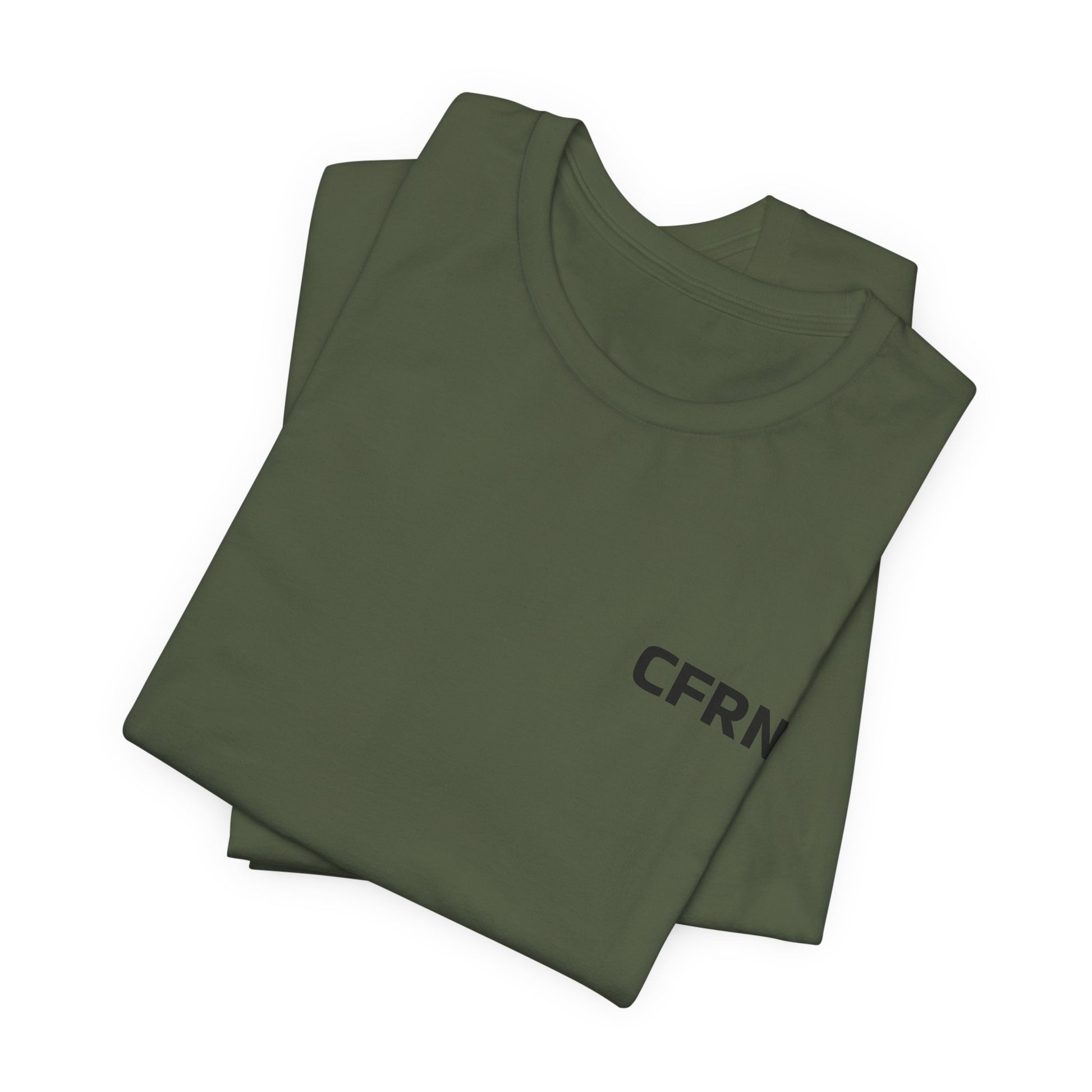 Folded green t-shirt with 'CFRN' text on a white background