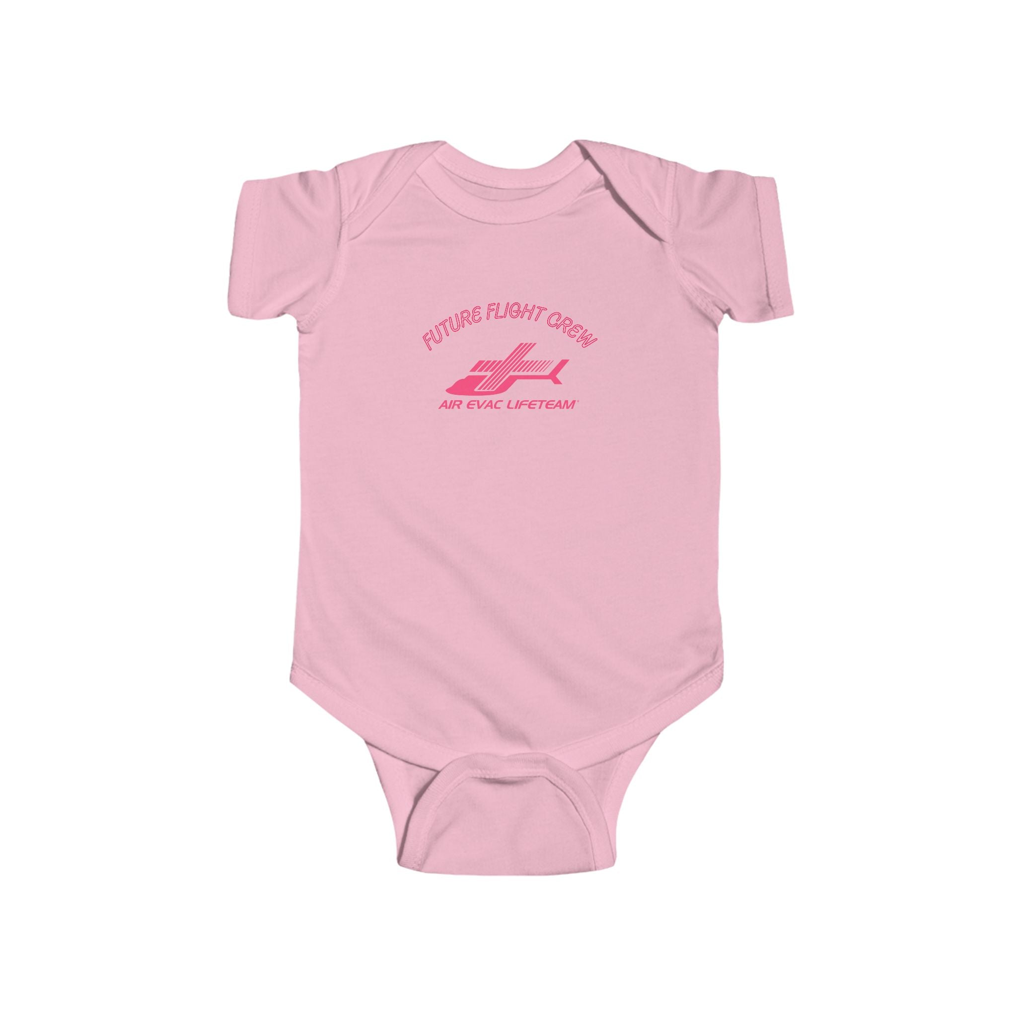 Pink baby onesie with Air Evac Lifeteam logo and text "Future Flight Crew" by Rotor Wash & Wear