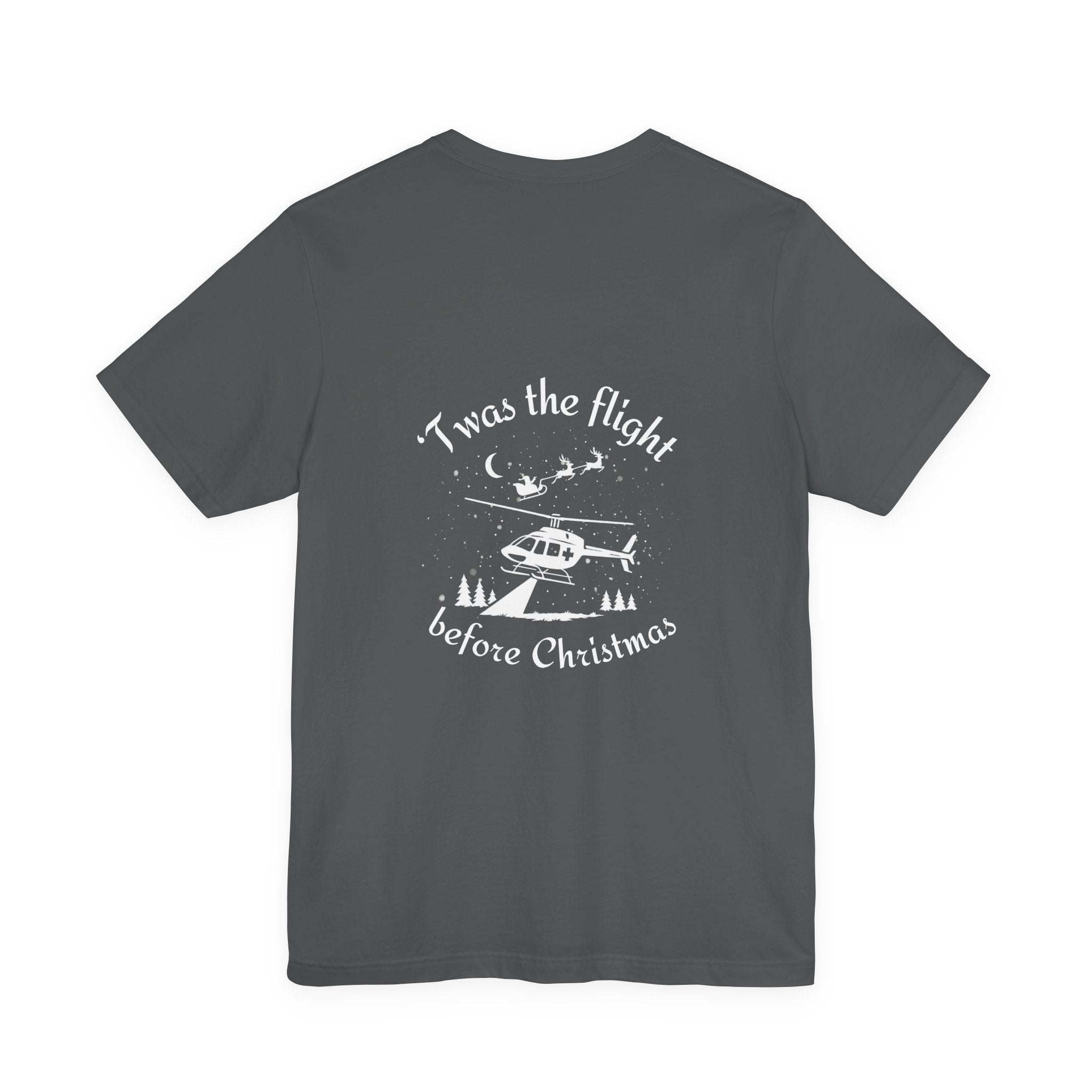 Gray t-shirt with white helicopter graphic in a winter scene with Santa and his sleigh in the background with text "'Twas the flight before Christmas" by Rotor Wash & Wear