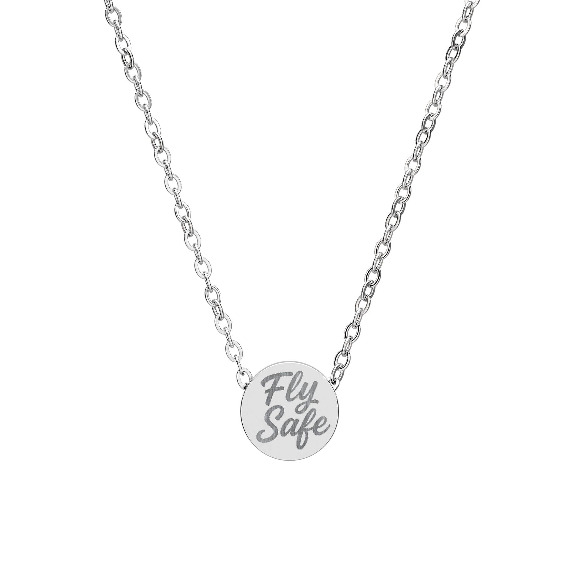 Silver necklace with 'Fly Safe' pendant on a white background