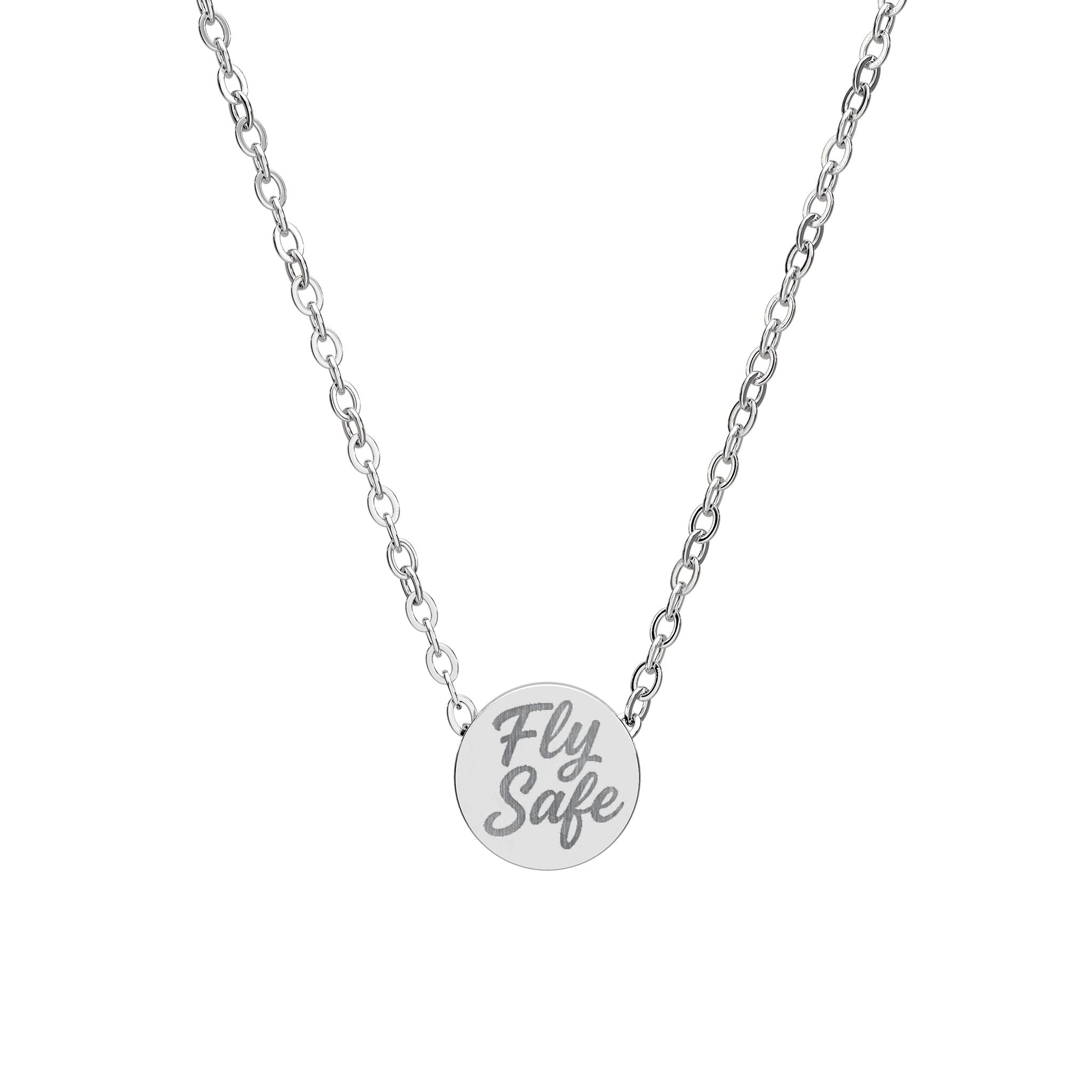 Silver necklace with 'Fly Safe' pendant on a white background