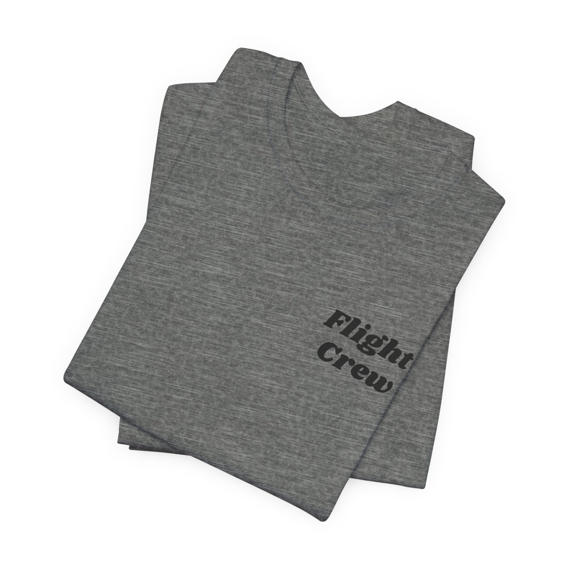 Gray t-shirt with 'Flight Crew' text on a white background