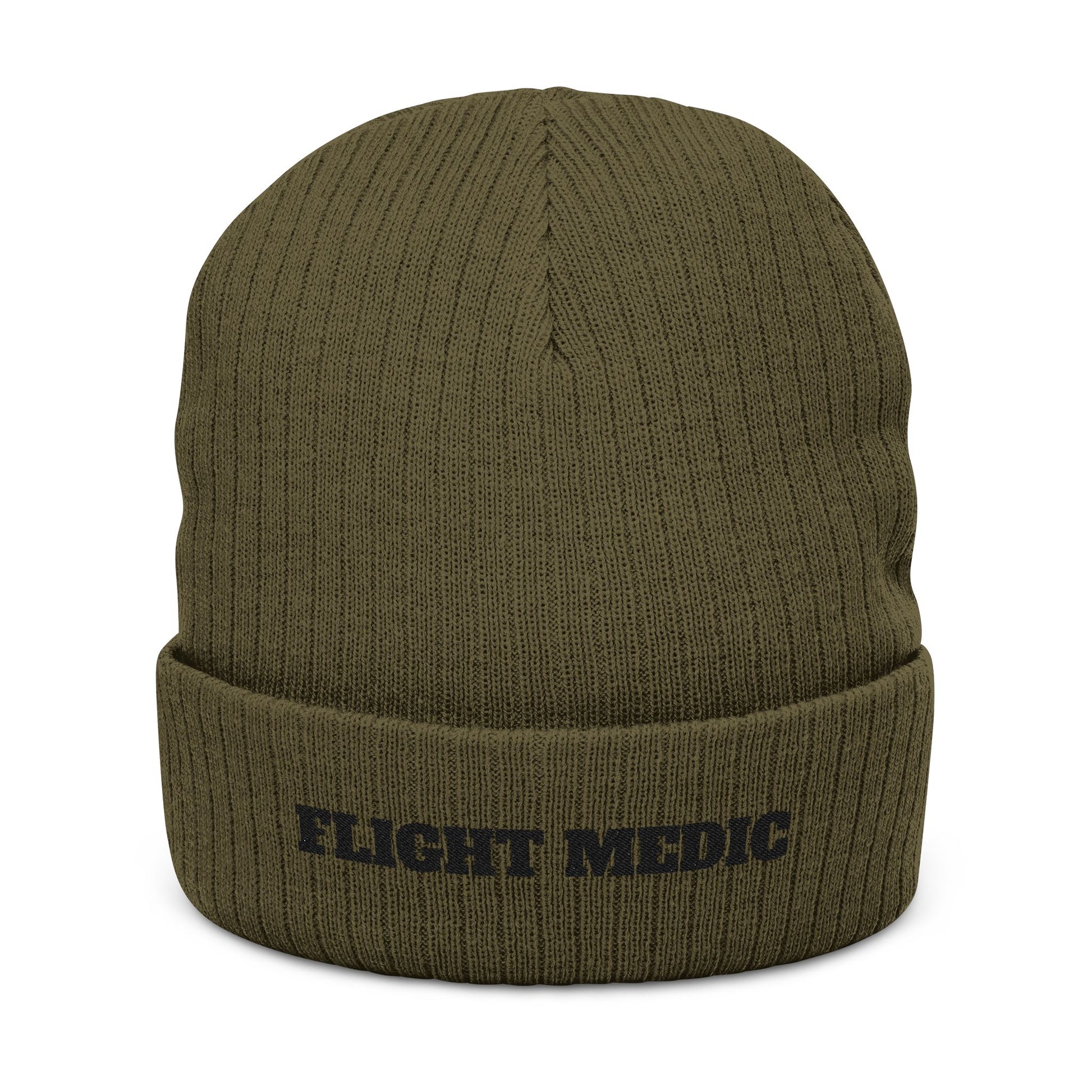 Green beanie with 'FLIGHT MEDIC' text on a white background