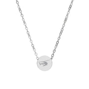 Silver necklace with a round pendant featuring a helicopter design on a white background