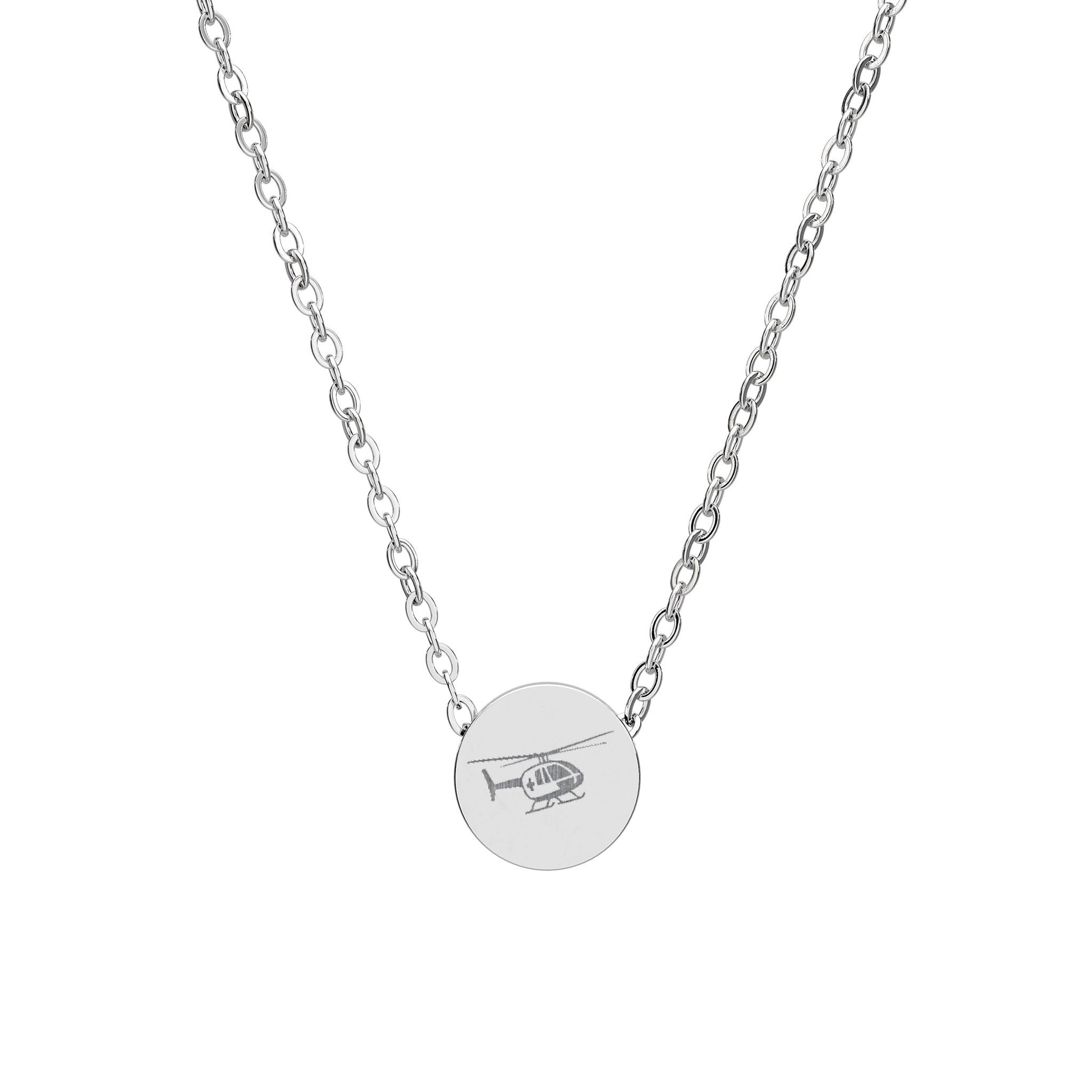 Silver necklace with a round pendant featuring a helicopter design on a white background