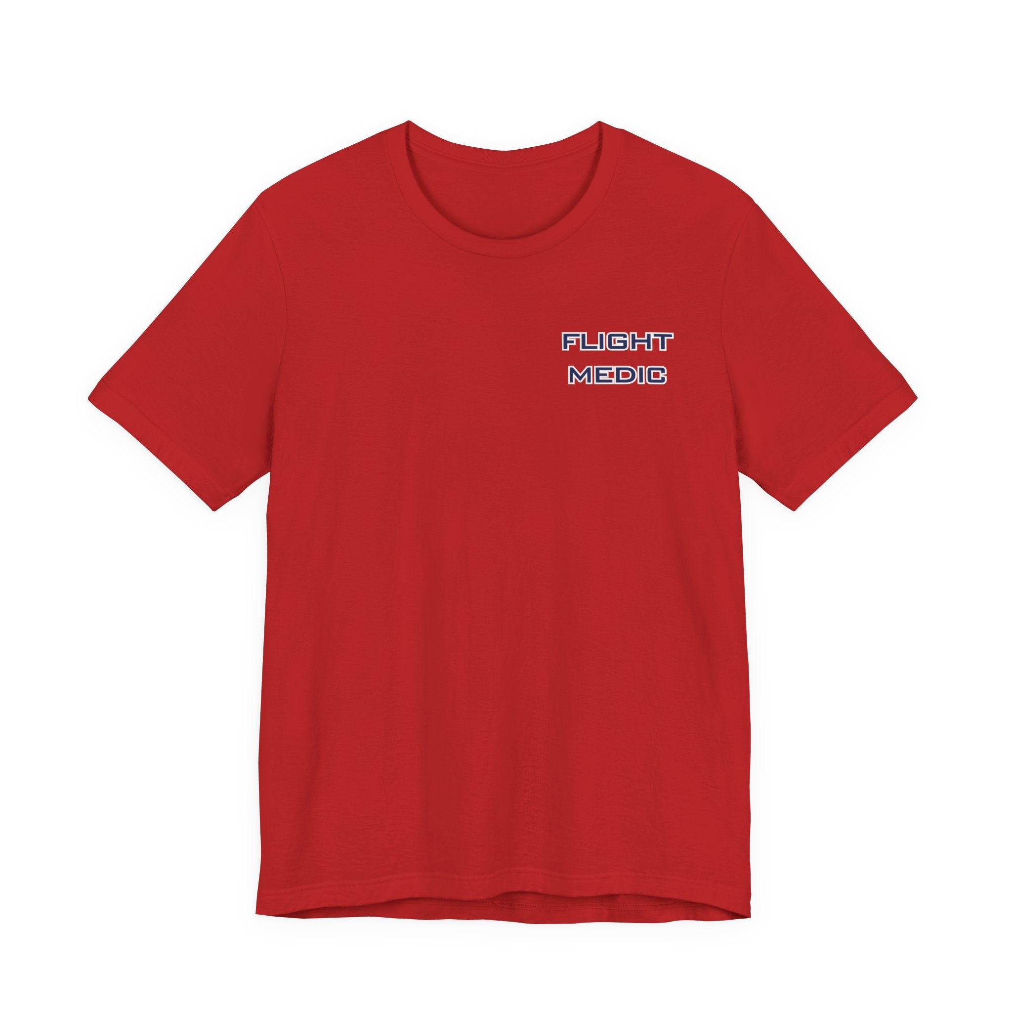 Red t-shirt with text 'Flight Medic' on the left chest by Rotor Wash & Wear