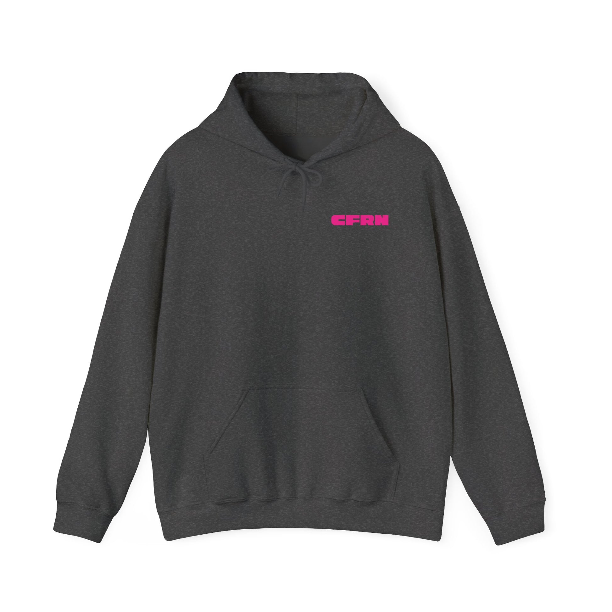Gray hoodie with pink logo "CFRN" on a white background