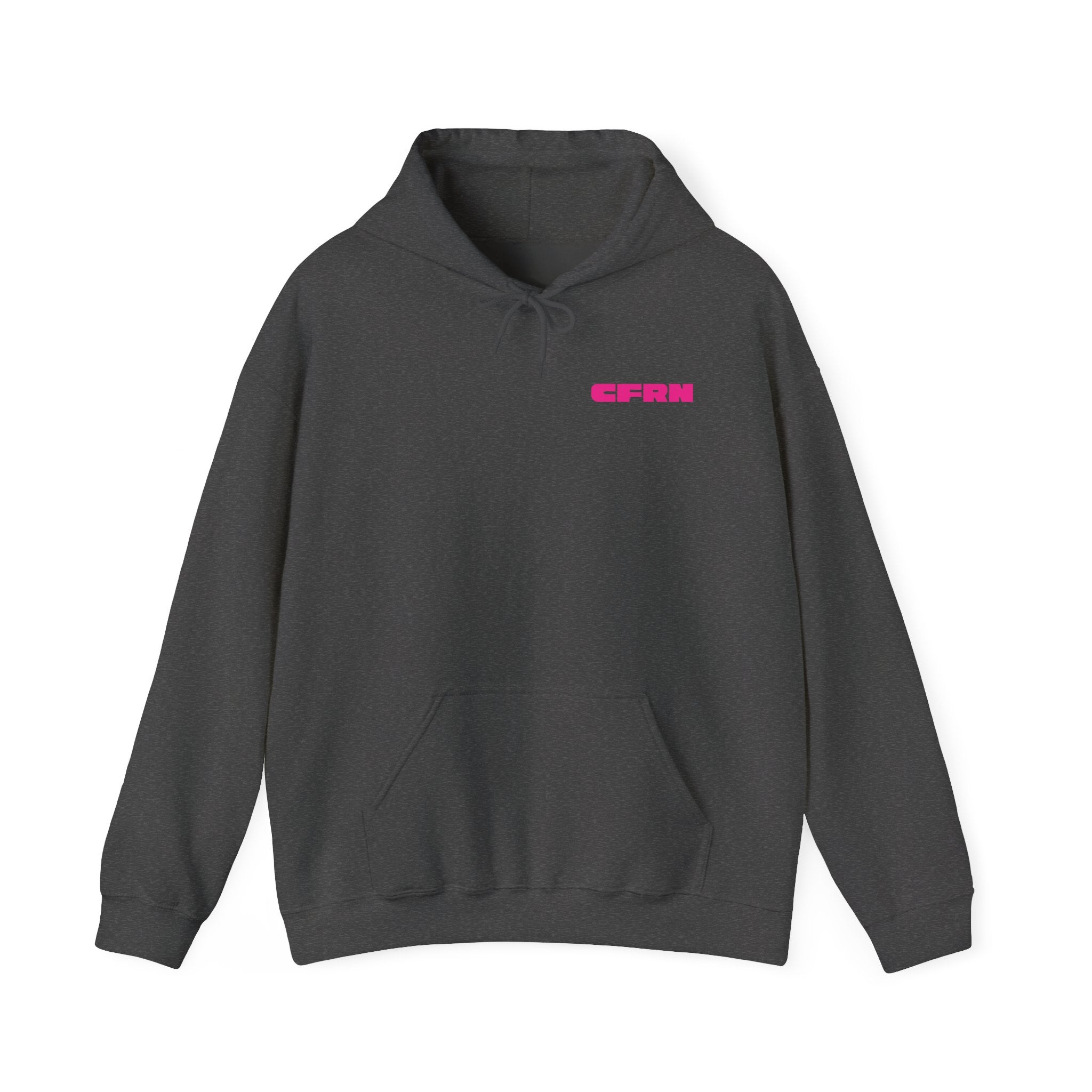 Gray hoodie with pink logo "CFRN" on a white background