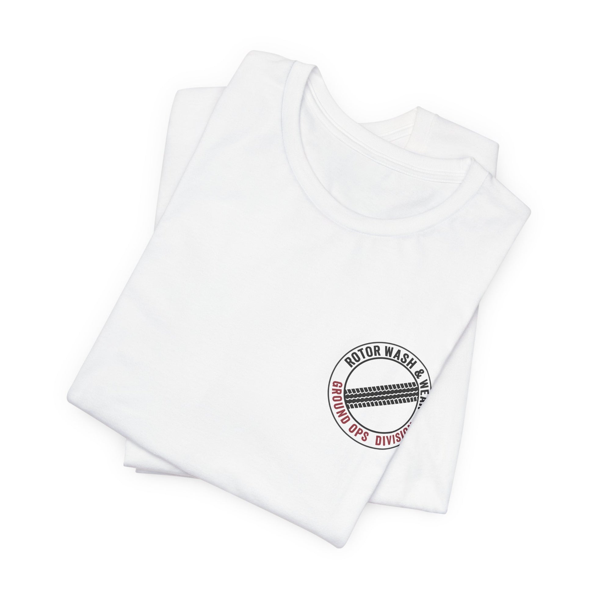White t-shirt with a "Rotor Wash & Wear - Ground Ops Division" logo on the left chest on a white background