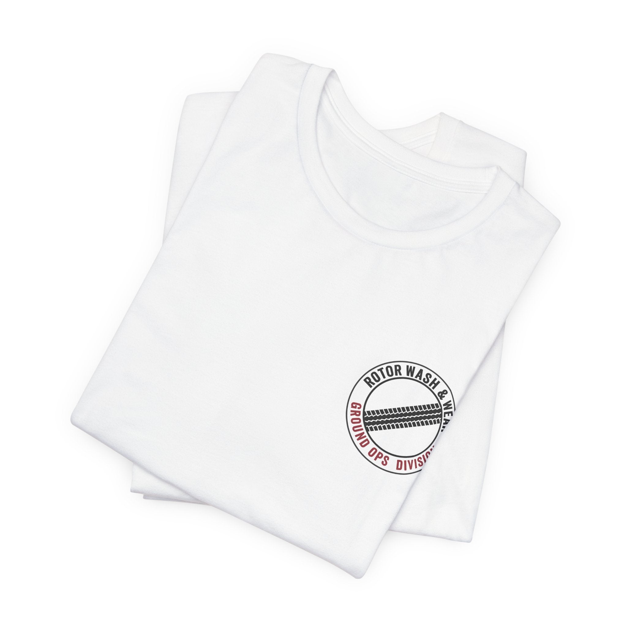 White t-shirt with a "Rotor Wash & Wear - Ground Ops Division" logo on the left chest on a white background