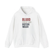 White hoodie with text 'Blood Sweat and Rotor Wash' on a white background
