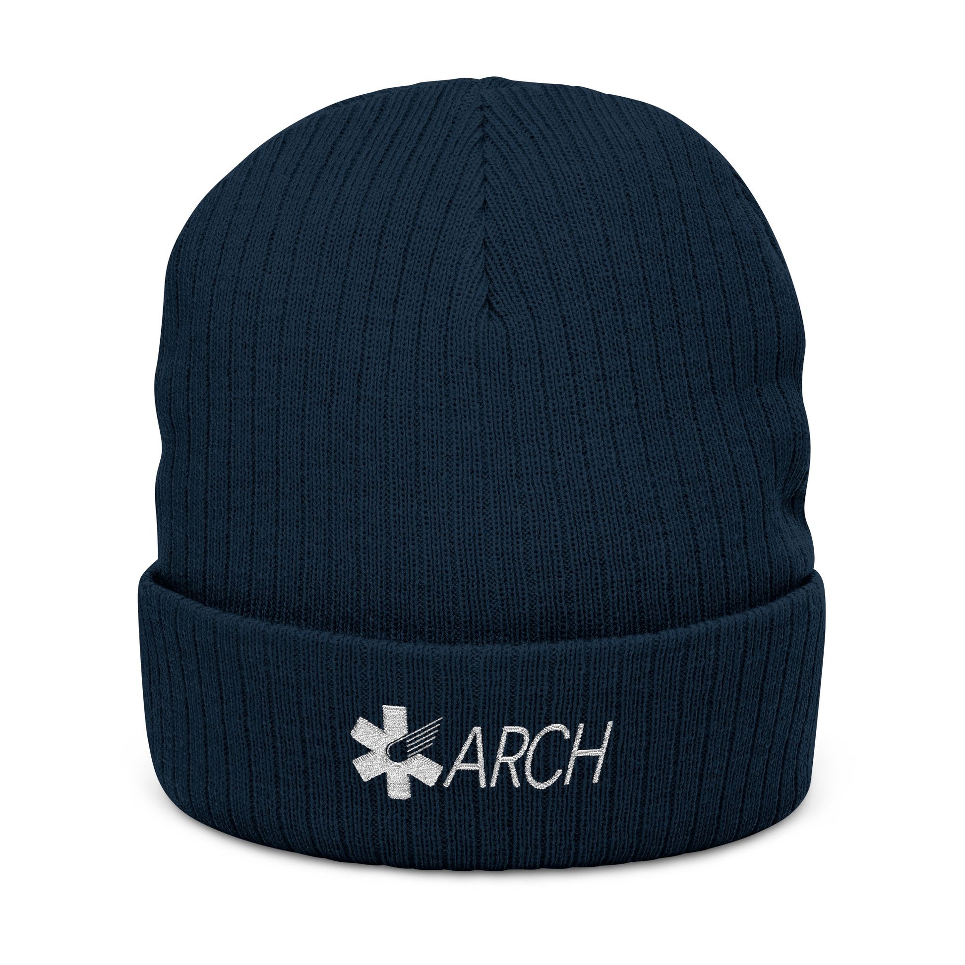 Navy knit beanie with embroidered 'ARCH' logo by Rotor Wash & Wear