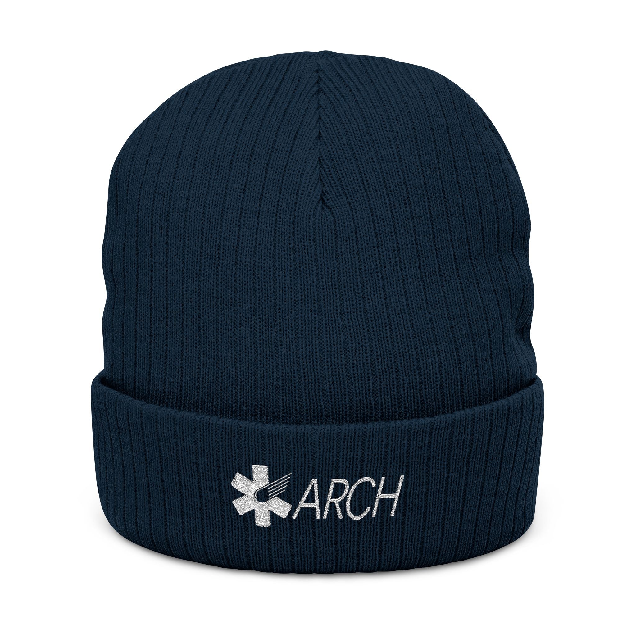 Navy knit beanie with embroidered 'ARCH' logo by Rotor Wash & Wear
