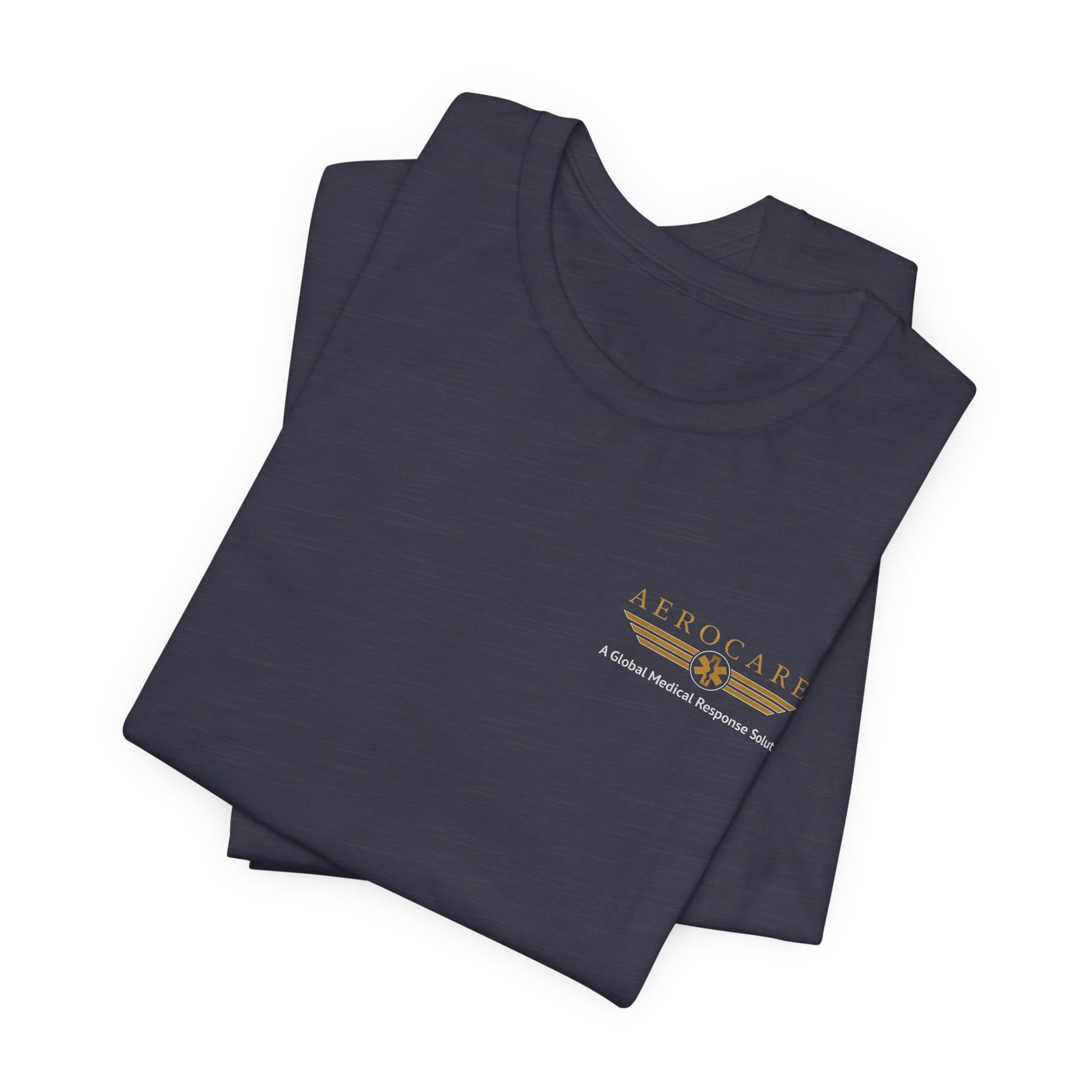 Folded navy t-shirt with Aerocare logo on the chest against a white background