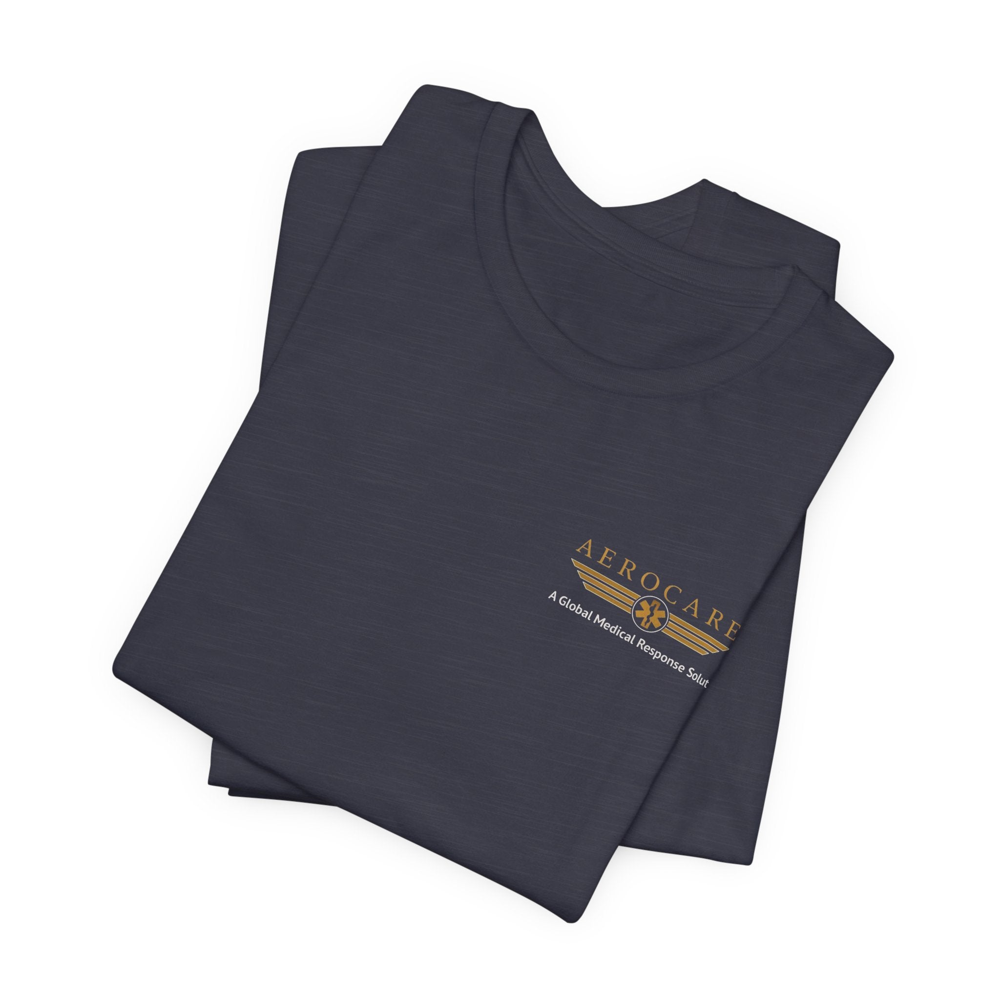 Folded navy t-shirt with Aerocare logo on the chest against a white background