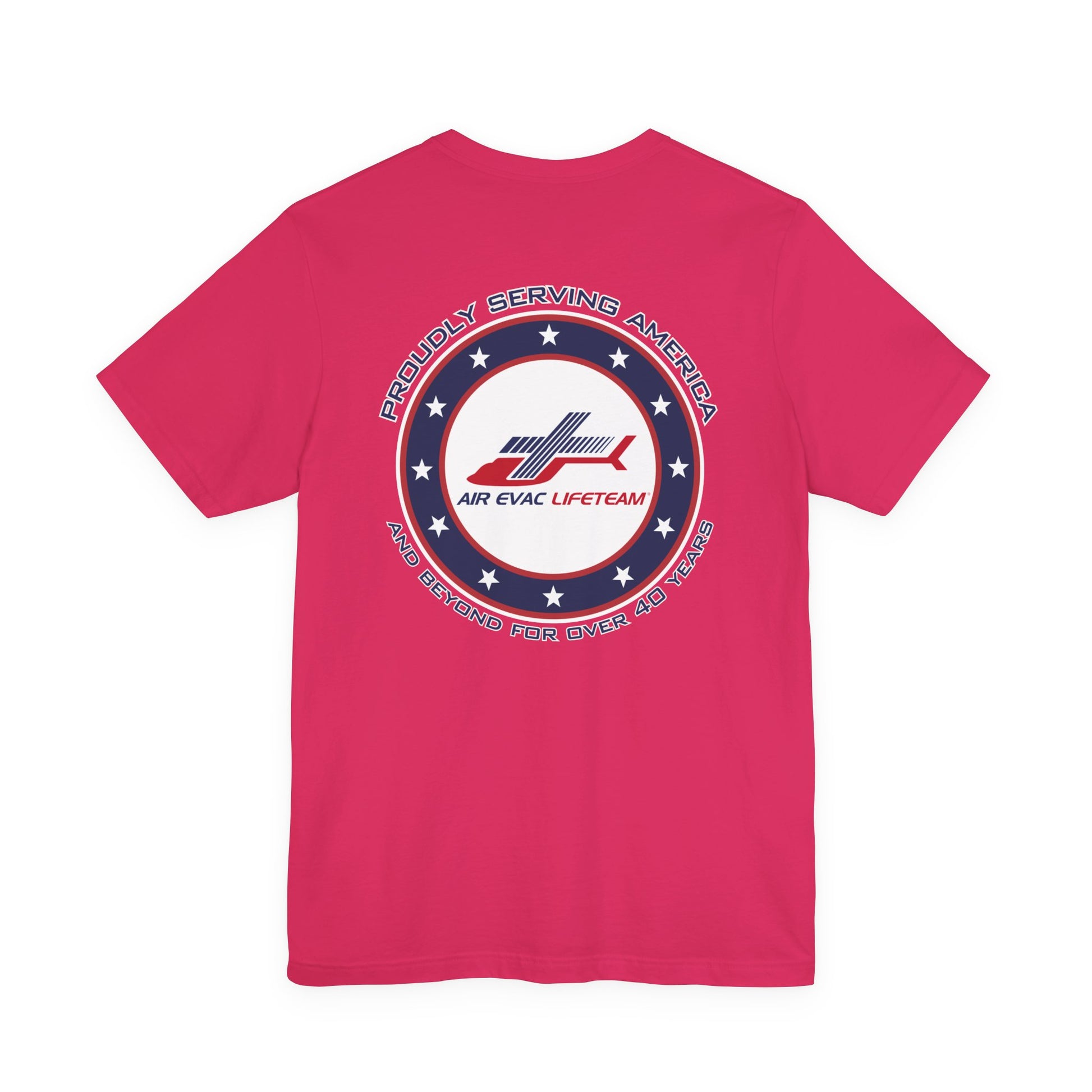 Pink t-shirt with a patriotic Air Evac Lifeteam logo and text 'Proudly serving America and beyond for over 40 years' by Rotor Wash & Wear