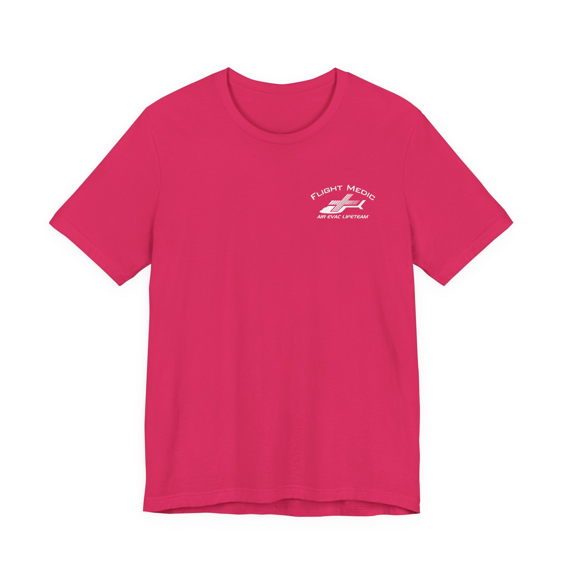 Pink t-shirt with small 'Flight Medic" text and Air Evac Lifeteam' logo on the left chest by Rotor Wash & Wear