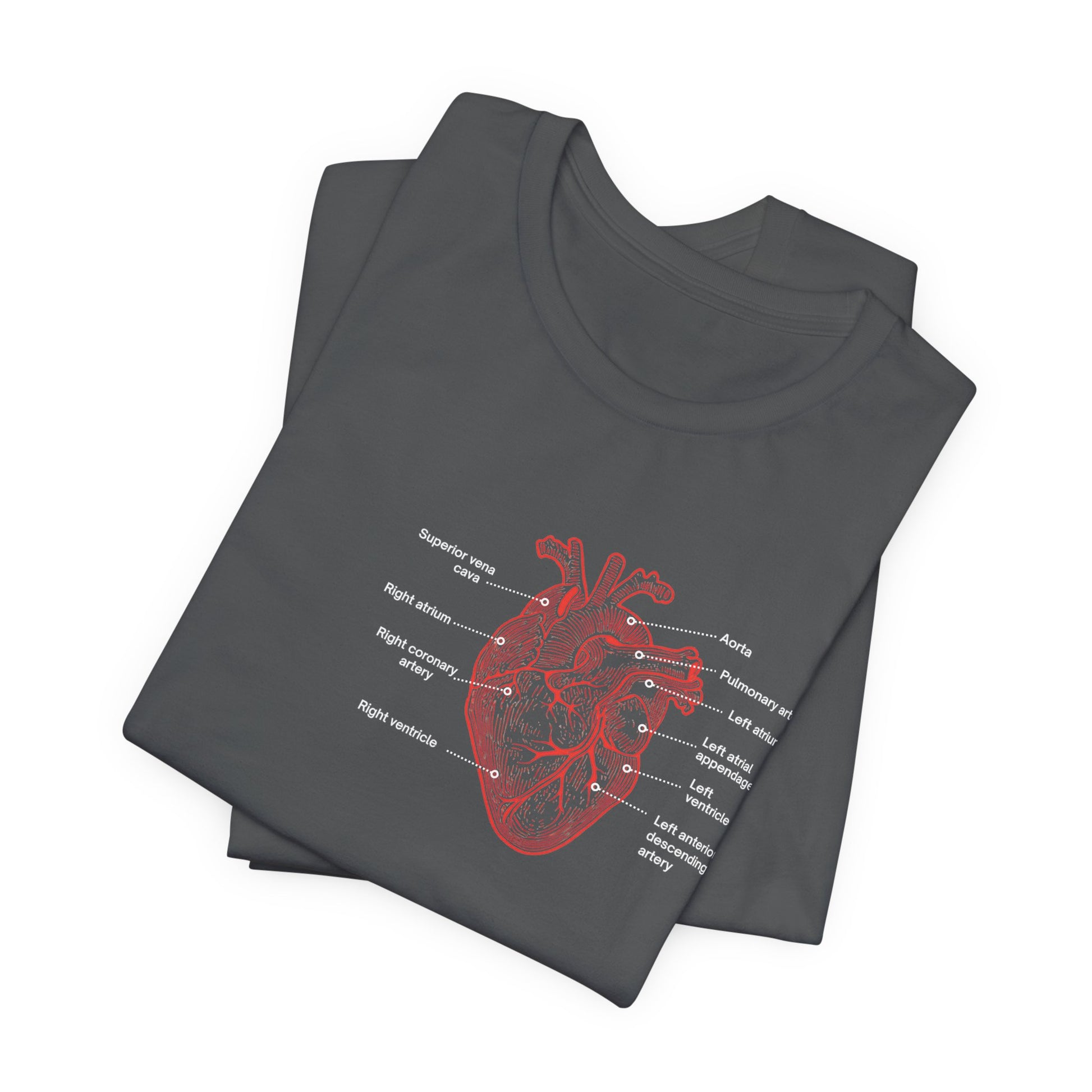 Folded gray t-shirt with a red anatomical heart design by Rotor Wash & Wear and EMS Avenger