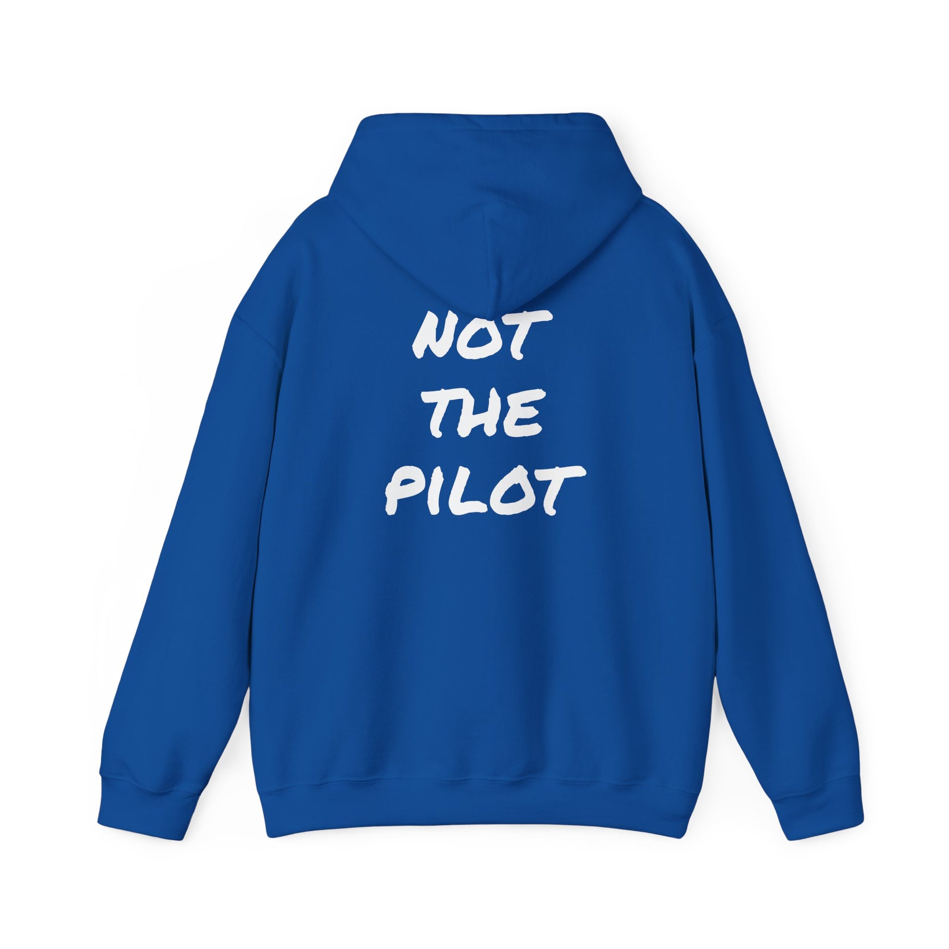 Blue hoodie with 'NOT THE PILOT' text on the back against a white background