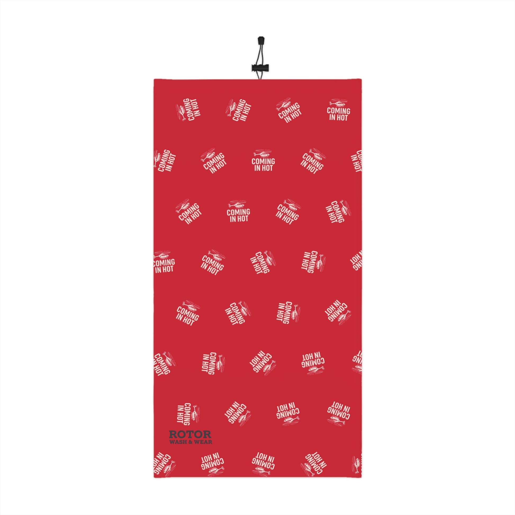 Red neck gaiter with text "Coming in hot" with a helicopter graphic by Rotor Wash & Wear