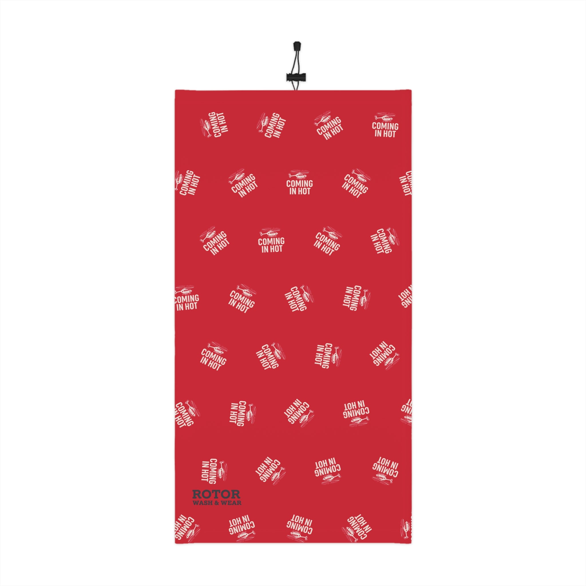  Red neck gaiter with text "Coming in hot" with a helicopter graphic by Rotor Wash & Wear