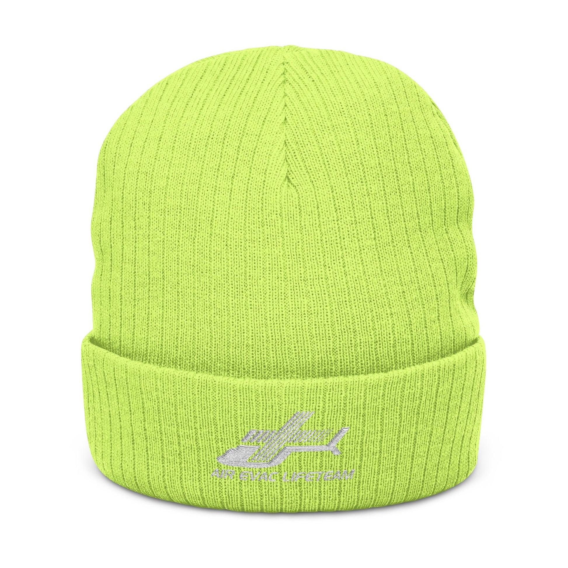 Lime green knit beanie with 'Air Evac Lifeteam' logo embroidery on a white background