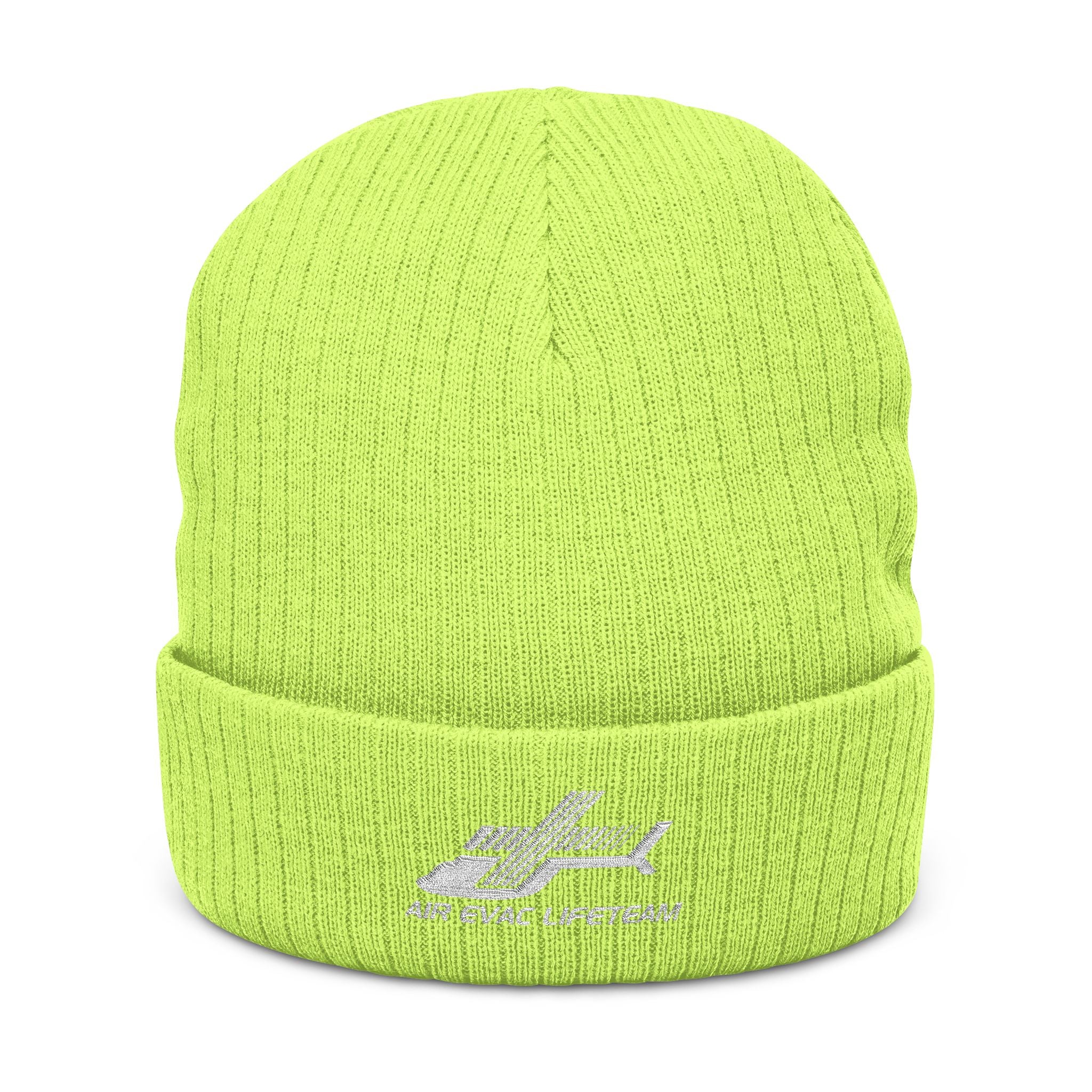 Lime green knit beanie with 'Air Evac Lifeteam' logo embroidery on a white background